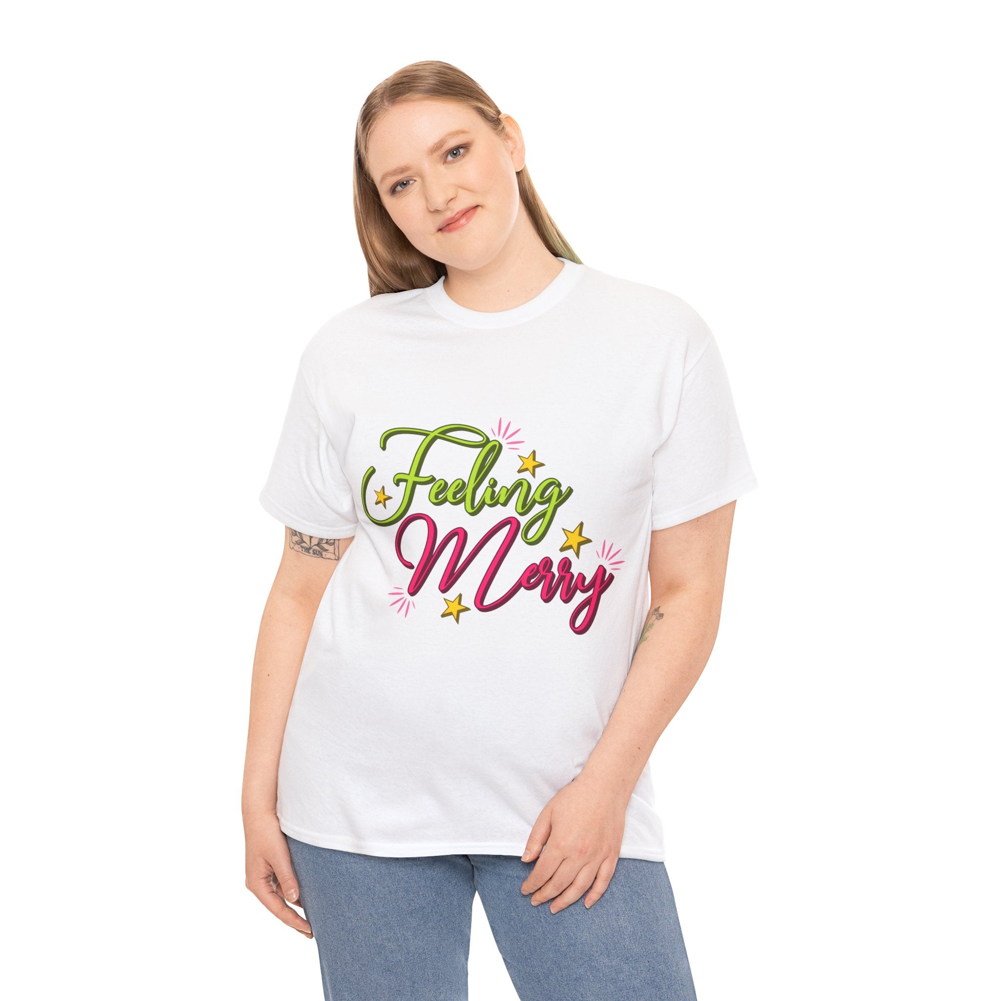 Feeling Merry T-Shirt — Bright Green & Pink Holiday Tee with Stars.Unisex Cotton Tee