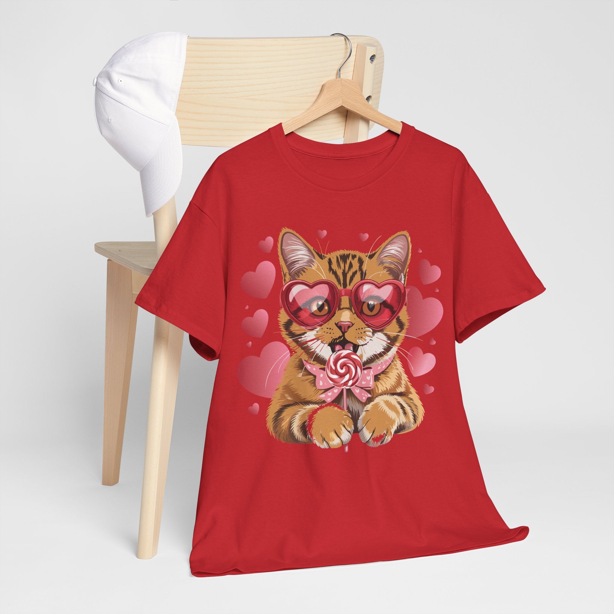 Valentine Cat Tee — Heart Glasses, Lollipop Bow Unisex Cotton Tee