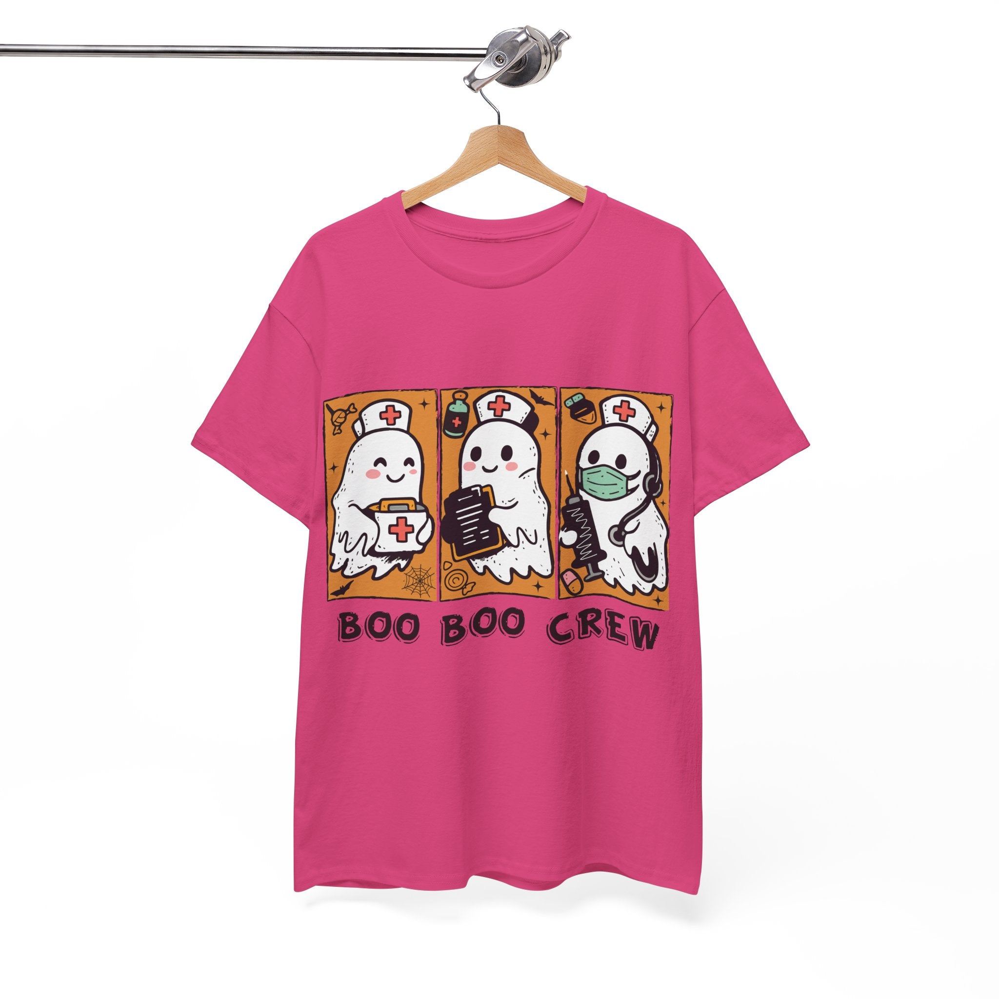 Halloween Nurse T-Shirt — Ghost Nurses Holding Medical Tools on Orange Unisec Cotton Tee