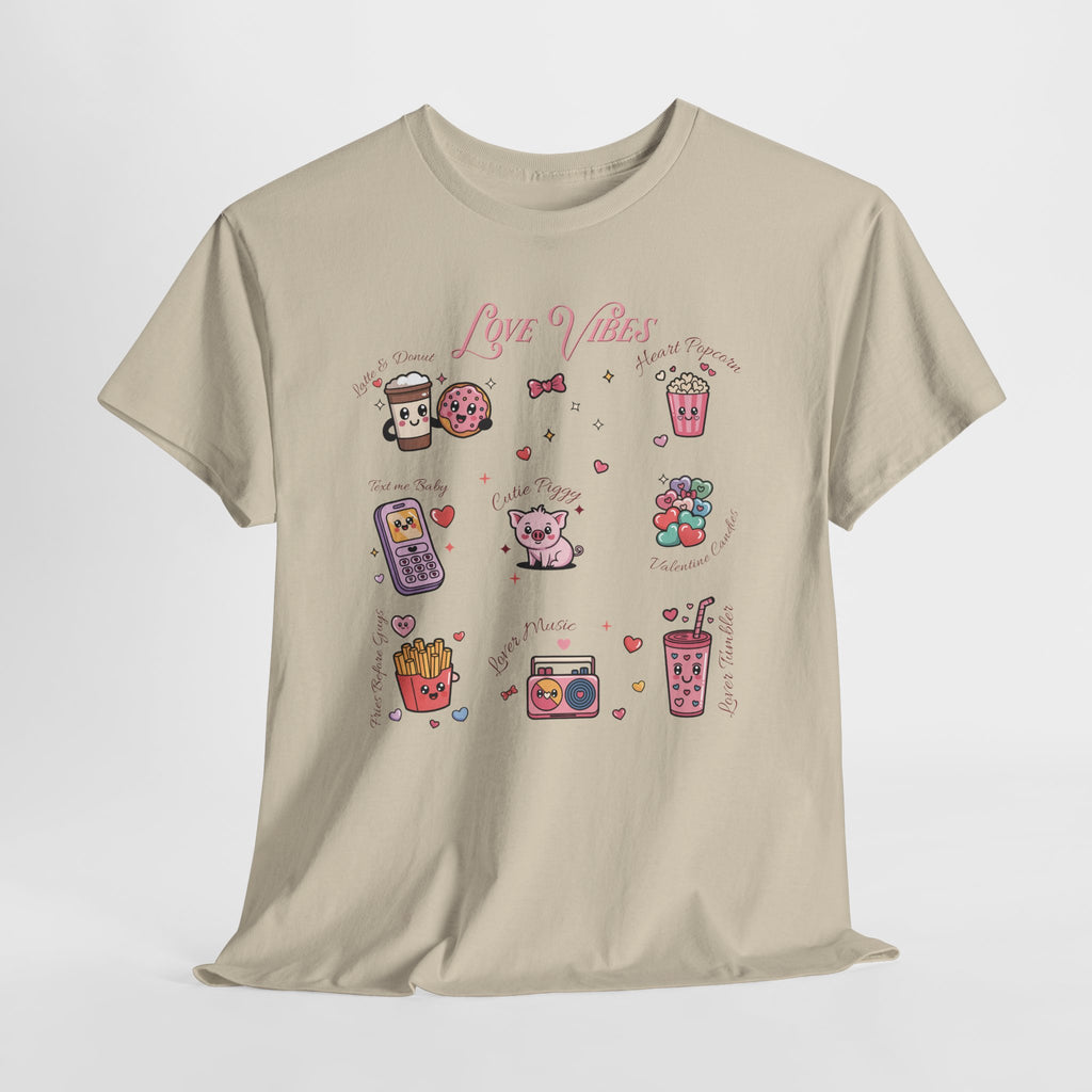 Love Vibes Kawaii Valentine T-Shirt — Cute Donut, Coffee & Piglet Design Unisex Cotton Tee
