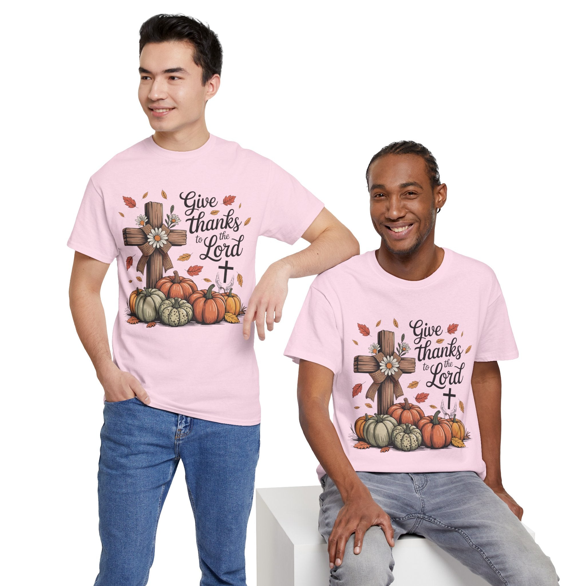 Give Thanks to the Lord Autumn Tee — Wooden Cross, Pumpkins & Daisies..Unisex Cotton Tee