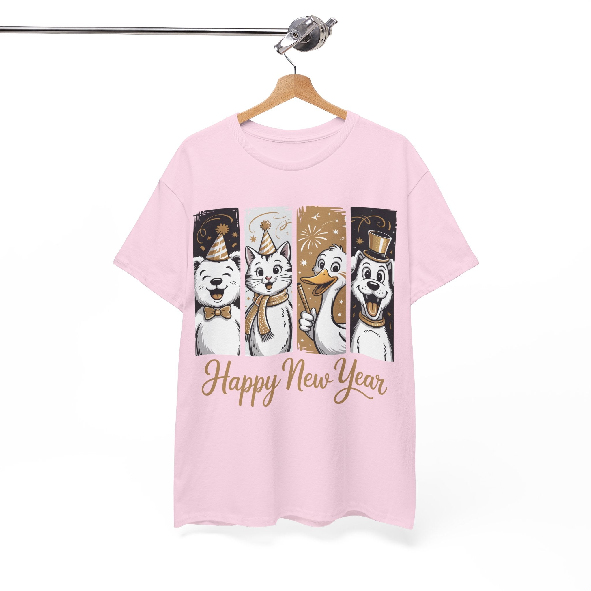 Happy New Year Party Animals T-Shirt — Cute Smiling Animals in Party Hats & Gold Fireworks..Unisex Cotton Tee