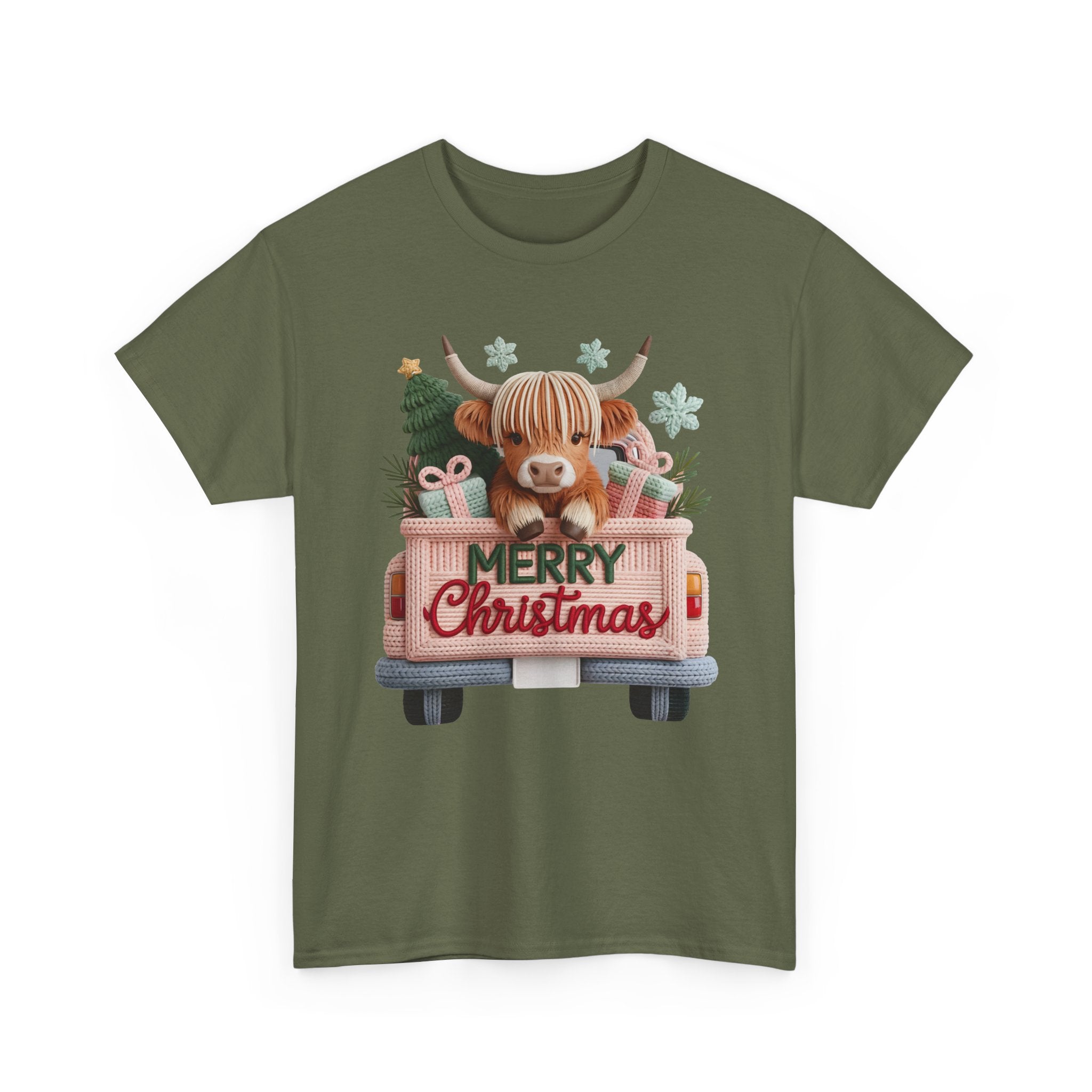 Merry Christmas Highland Cow Knit Truck Unisex Cotton T-Shirt