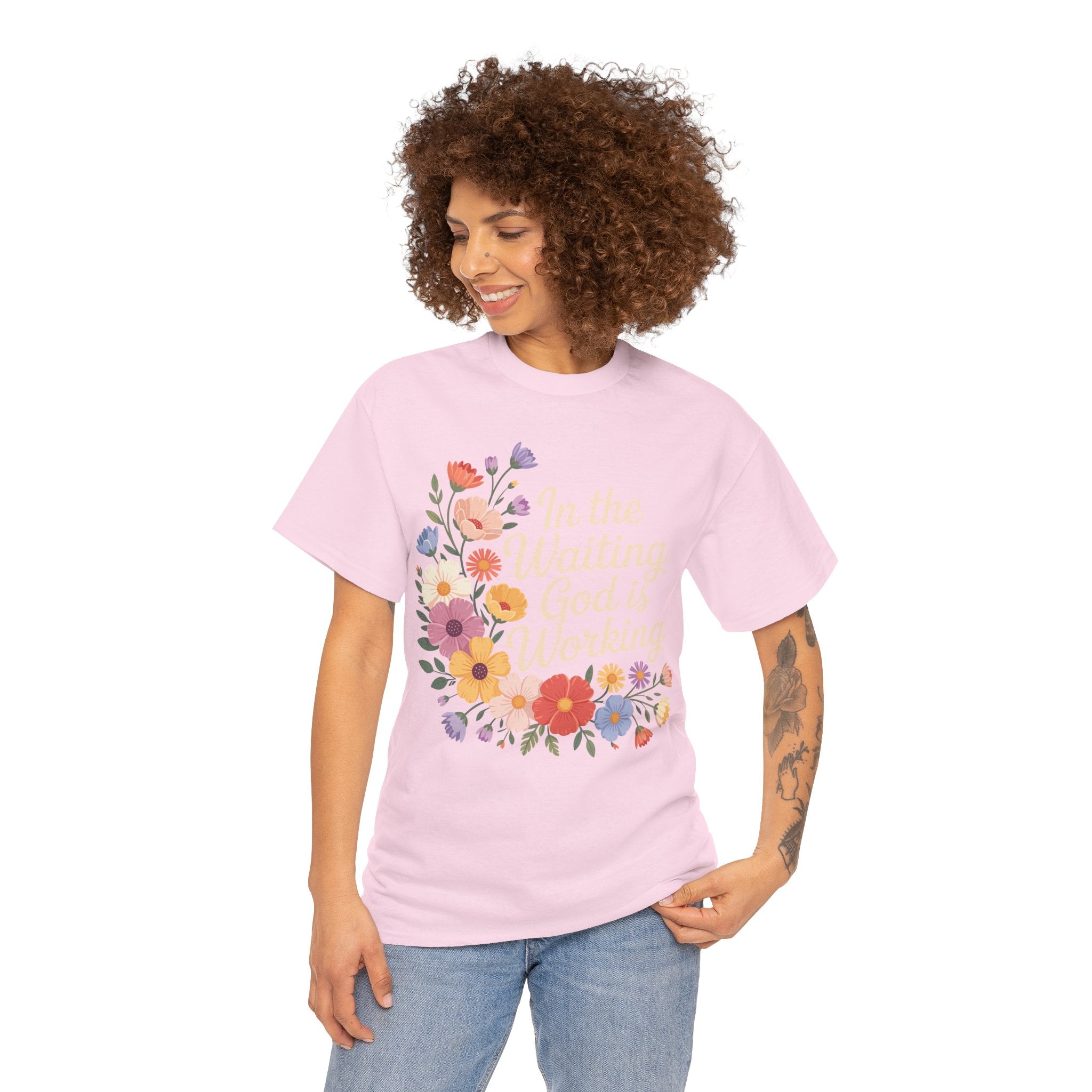 Pastel Floral “In the Waiting God Is Working” Unisex Cotton T-Shirt