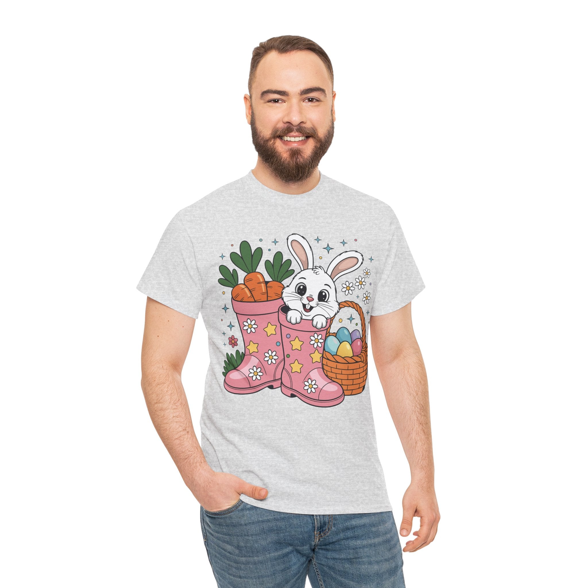 Easter Bunny in Pink Rain Boots T-Shirt — Cartoon Bunny, Carrots & Colorful Eggs Unisex Cotton Tee