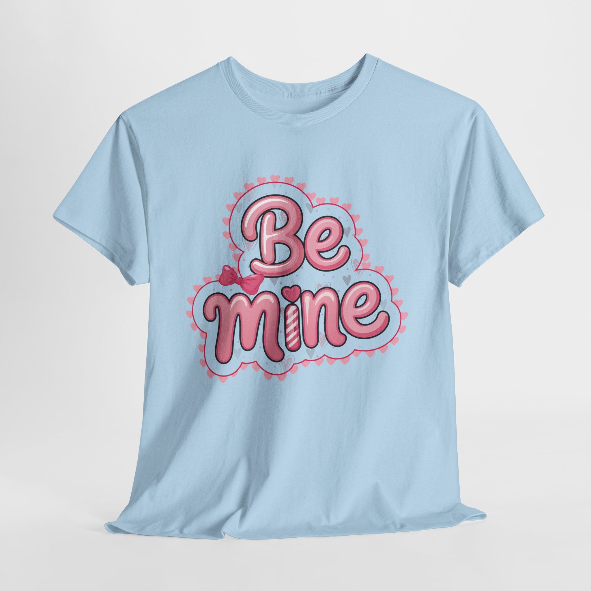 Be Mine Valentine T-Shirt — Pink Bubble Letters with Hearts & Bow..Unisex Cotton Tee