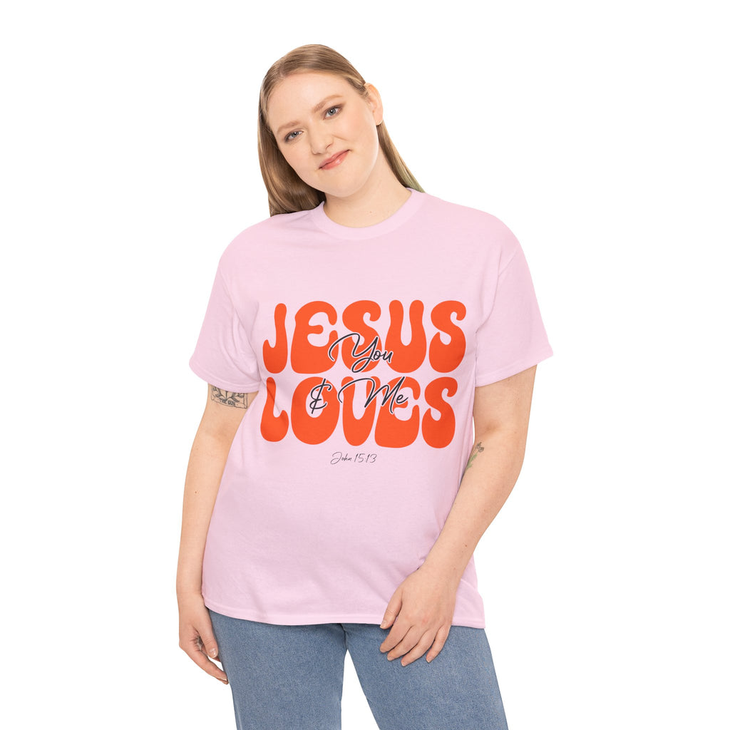 Jesus Loves You & Me Retro Tee — Playful Orange Bubbly Christian Unisex Cotton T-Shirt