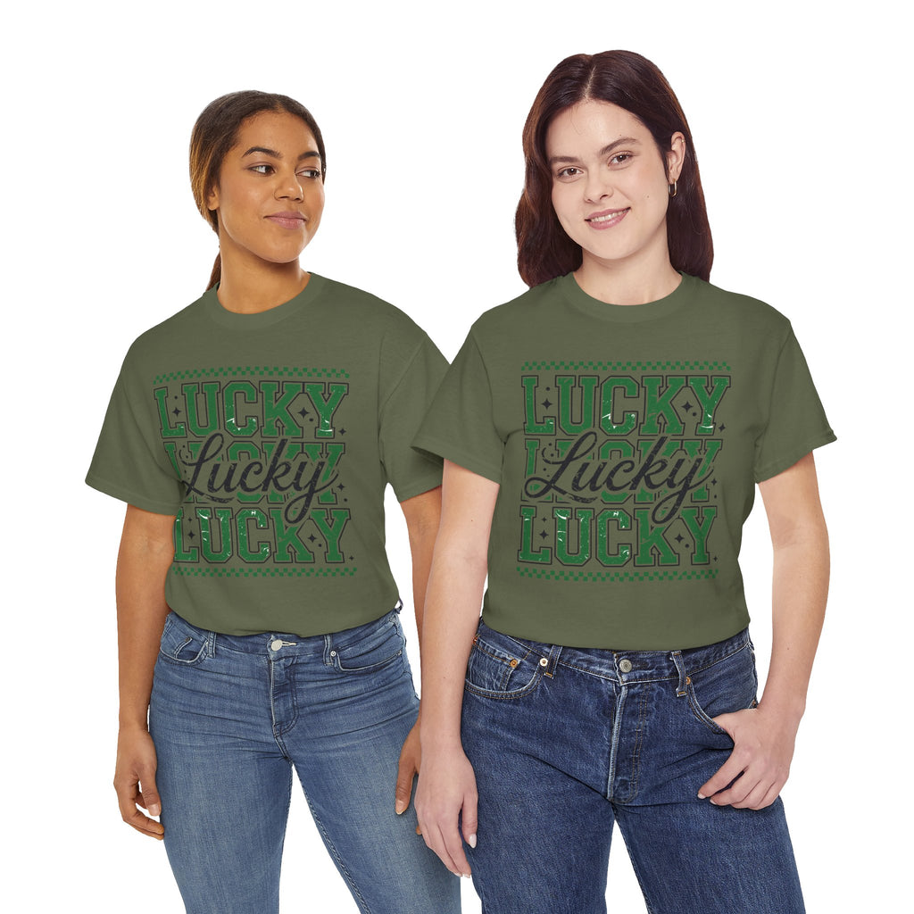 Lucky Varsity Tee — Layered Green ‘Lucky’ Graphic Unisex Cotton Tee
