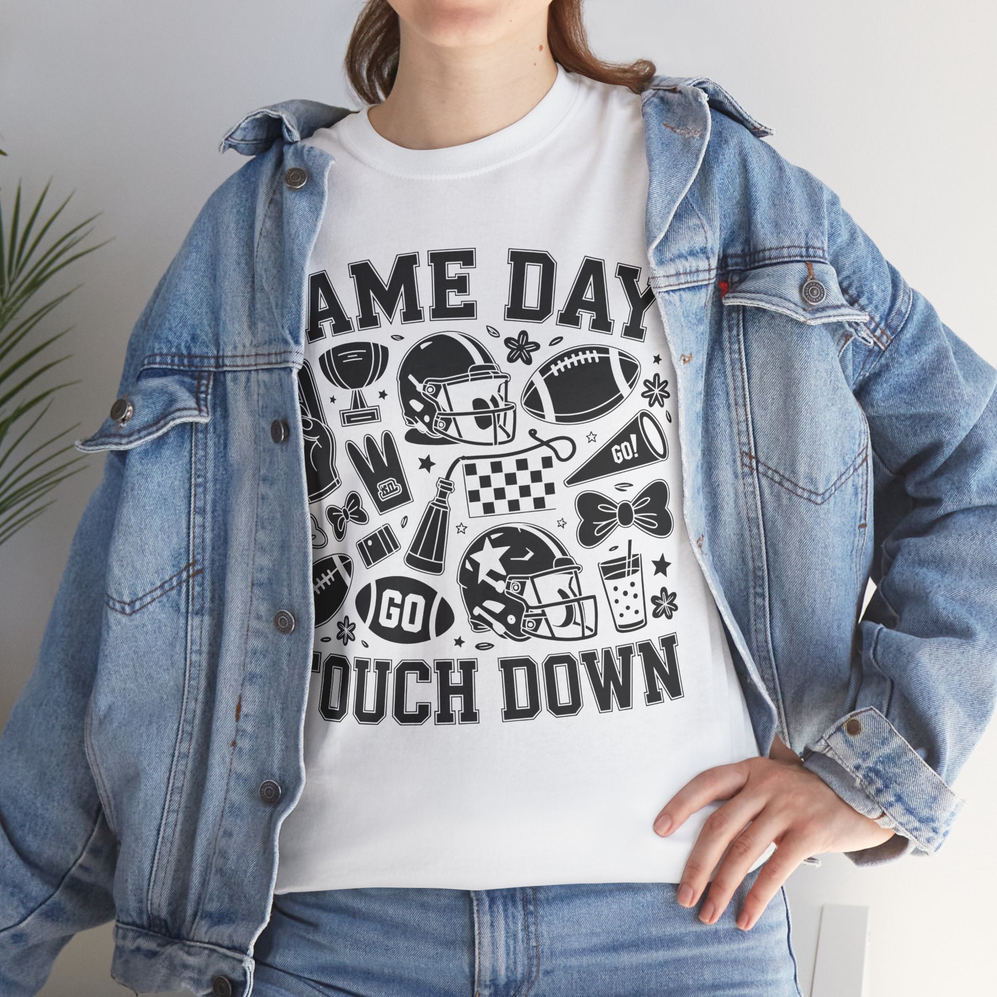 Game Day Touch Down Football T‑Shirt — Helmet & Cheer Monochrome Design Unisex Cotton Tee