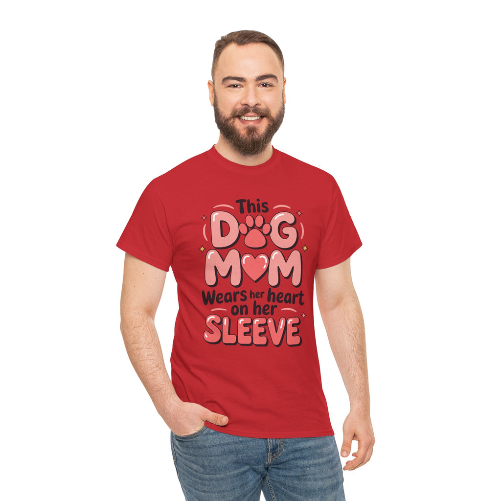 Dog Mom T-Shirt — "This Dog Mom Wears Her Heart on Her Sleeve" Paw & Heart Unisex Cotton Tee