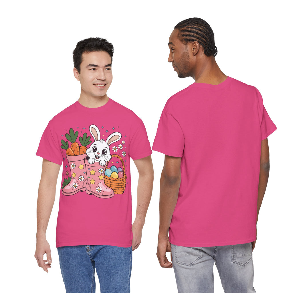 Easter Bunny in Pink Rain Boots T-Shirt — Cartoon Bunny, Carrots & Colorful Eggs Unisex Cotton Tee