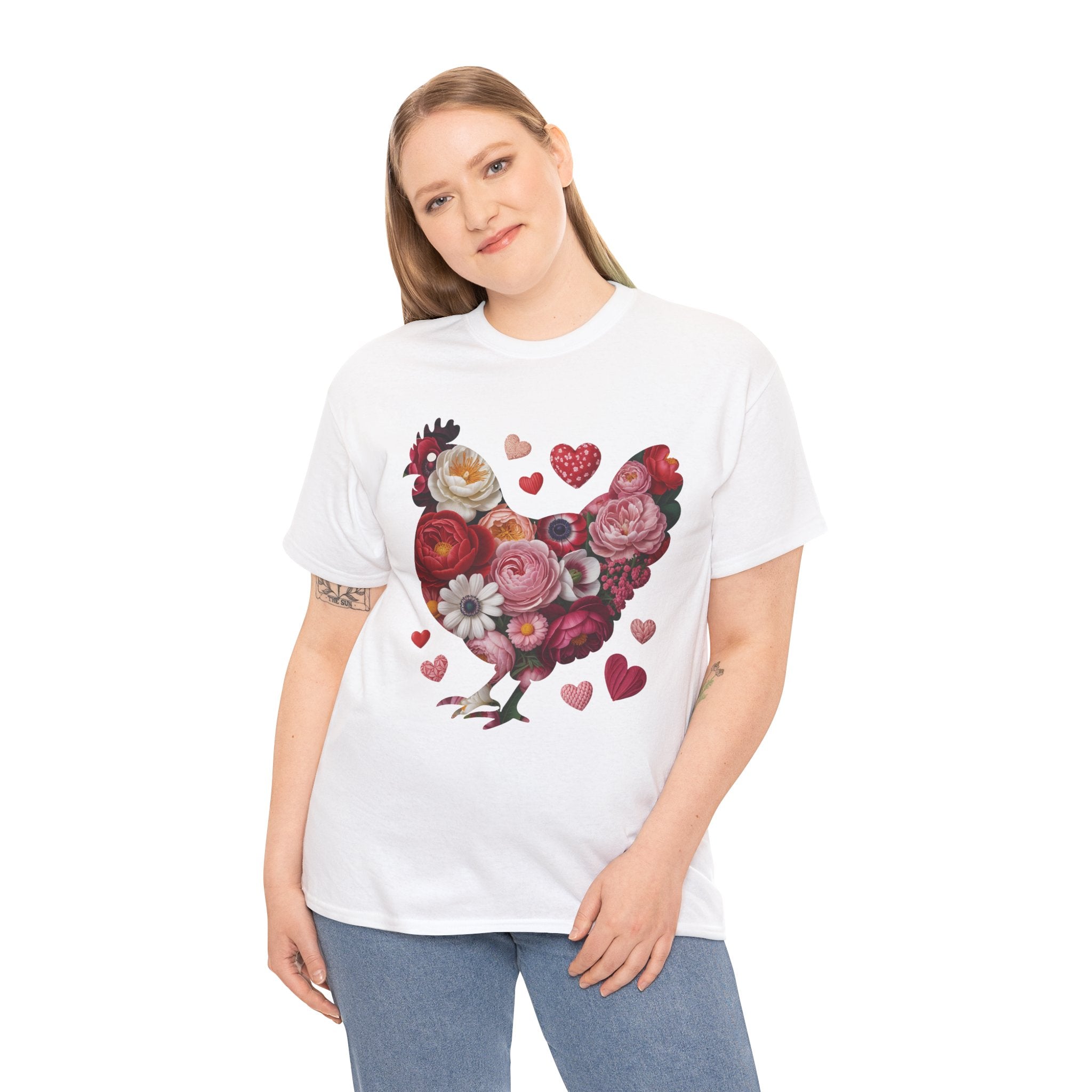 Floral Chicken Heart Tee — Red & Pink Flower Silhouette Unisex Cotton Tee