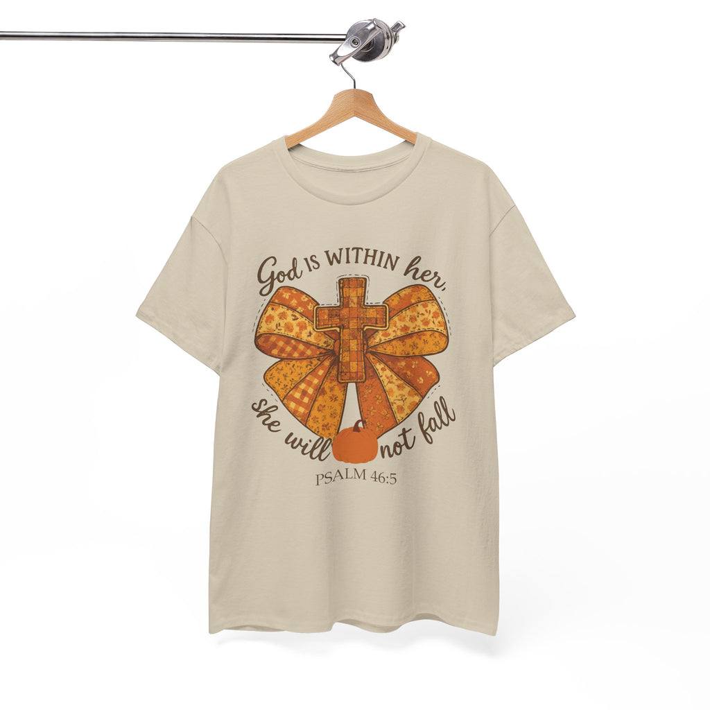 Psalm 46:5 Cross Patchwork Tee — Fall Bow Christian Unisex Cotton T-Shirt