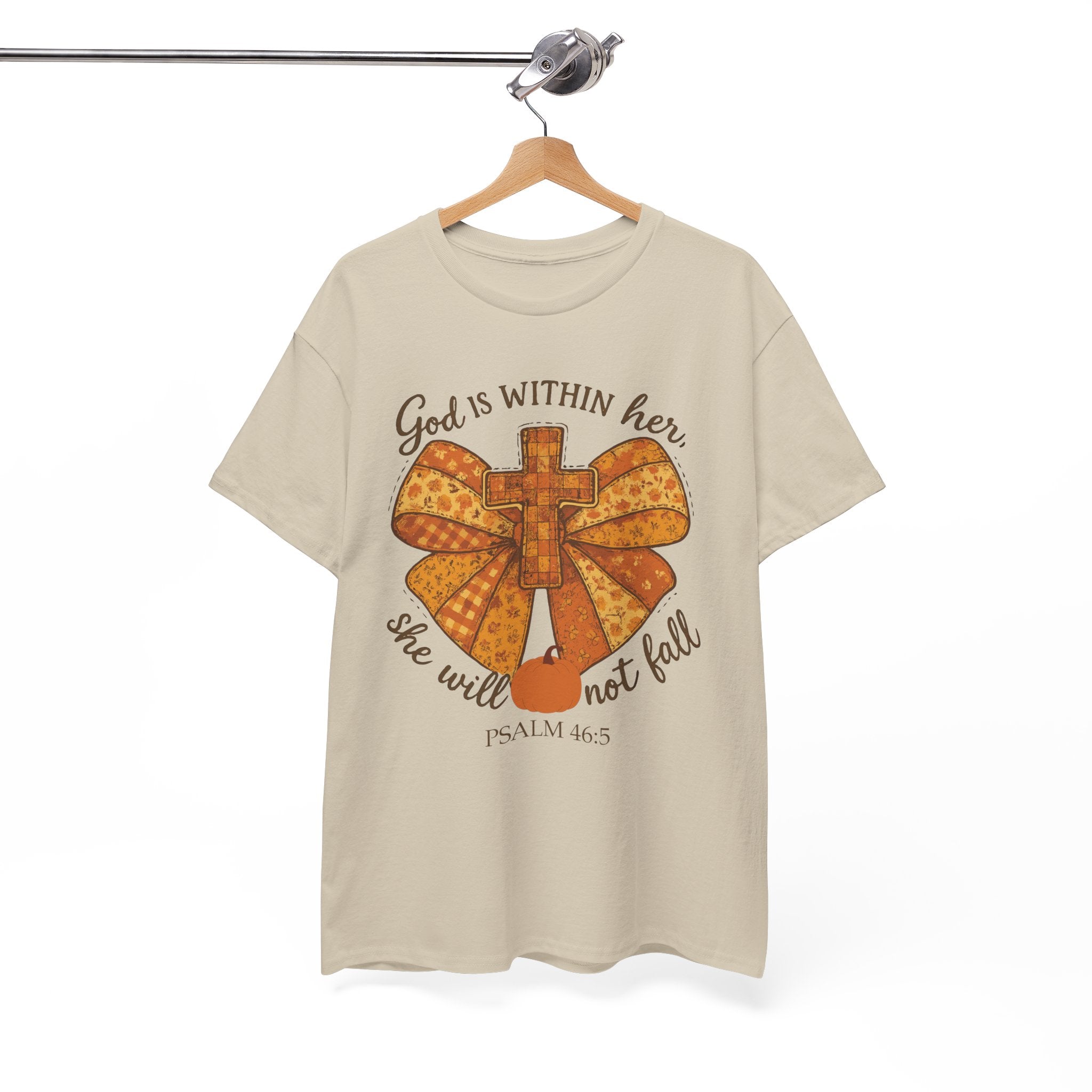 Psalm 46:5 Cross Patchwork Tee — Fall Bow Christian Unisex Cotton T-Shirt