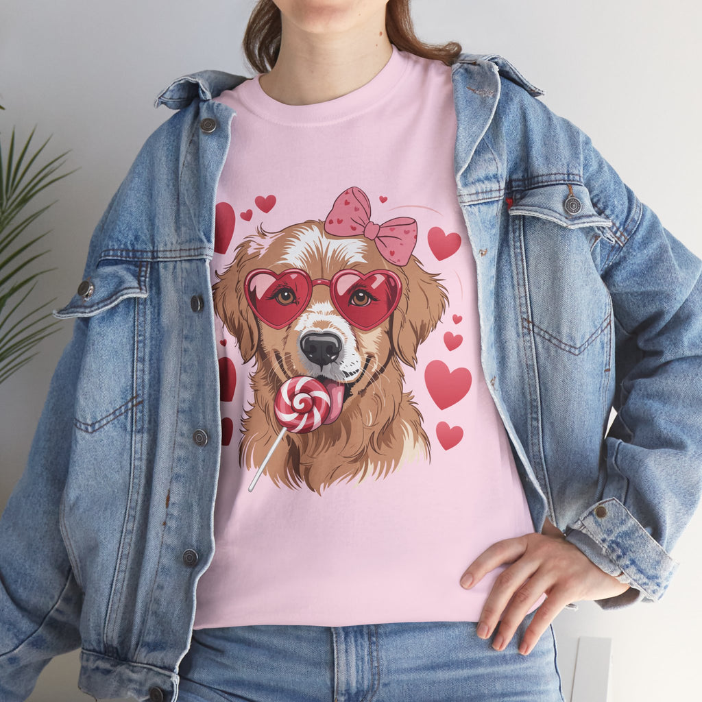 Valentine Dog T-Shirt — Cute Pup with Heart Glasses, Pink Bow & Lollipop..Unisex Cotton Tee