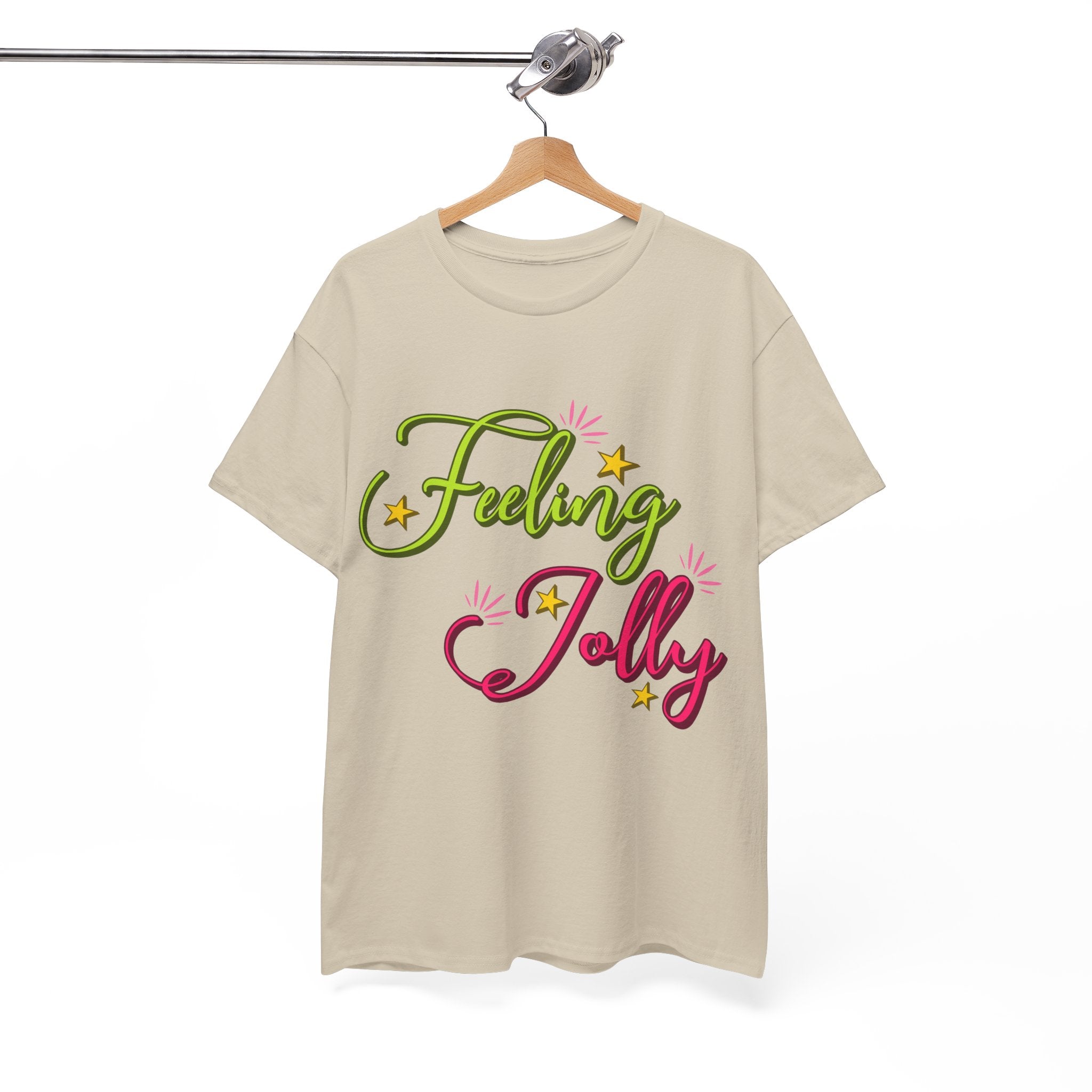 Feeling Jolly Tee — Festive Green & Pink Script with Yellow Stars Unisex Cotton Tee