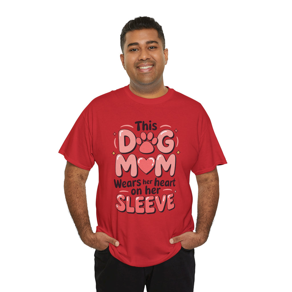Dog Mom T-Shirt — "This Dog Mom Wears Her Heart on Her Sleeve" Paw & Heart Unisex Cotton Tee