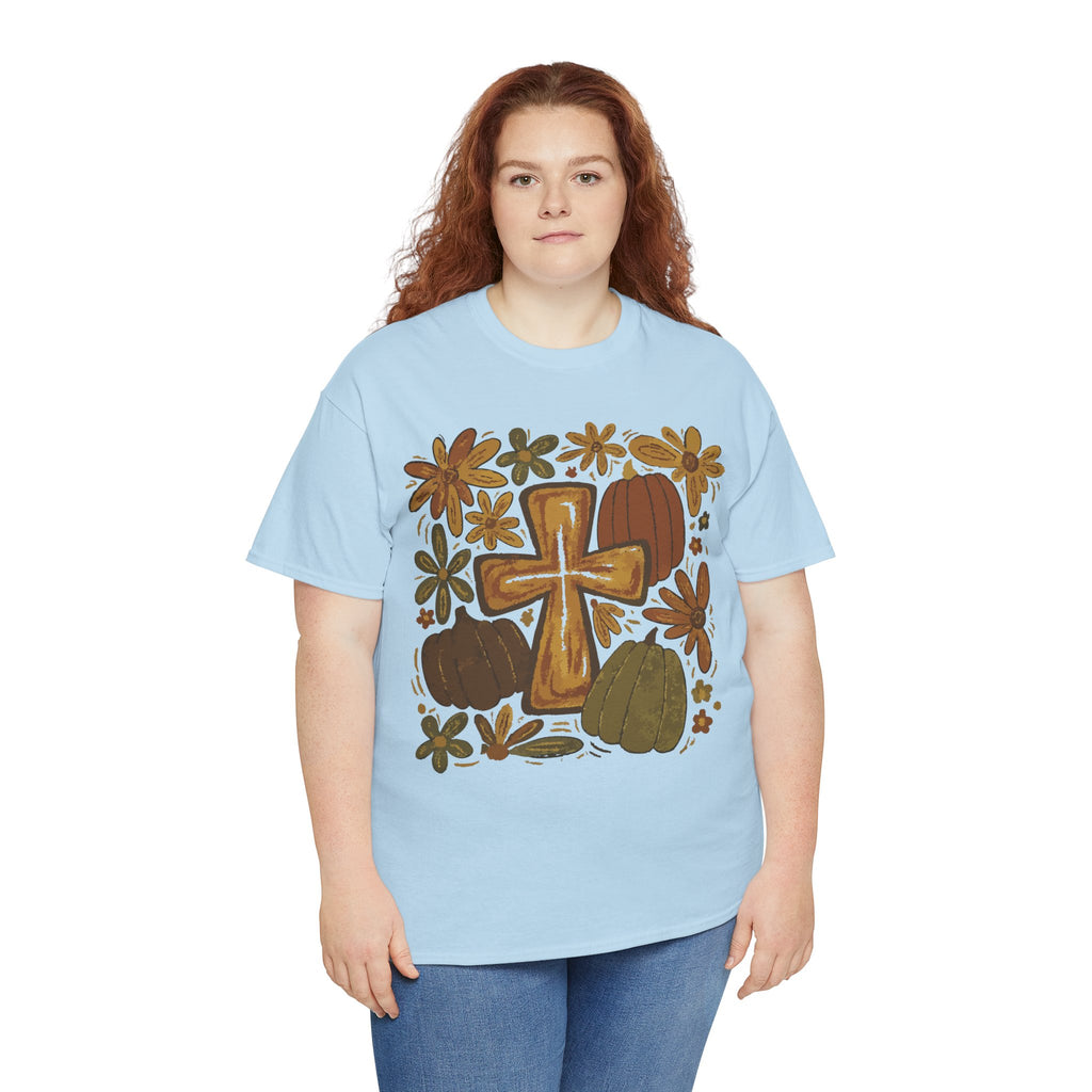 Autumn Cross Tee — Rustic Pumpkin & Fall Floral Christian Unisaex Cotton T-Shirt