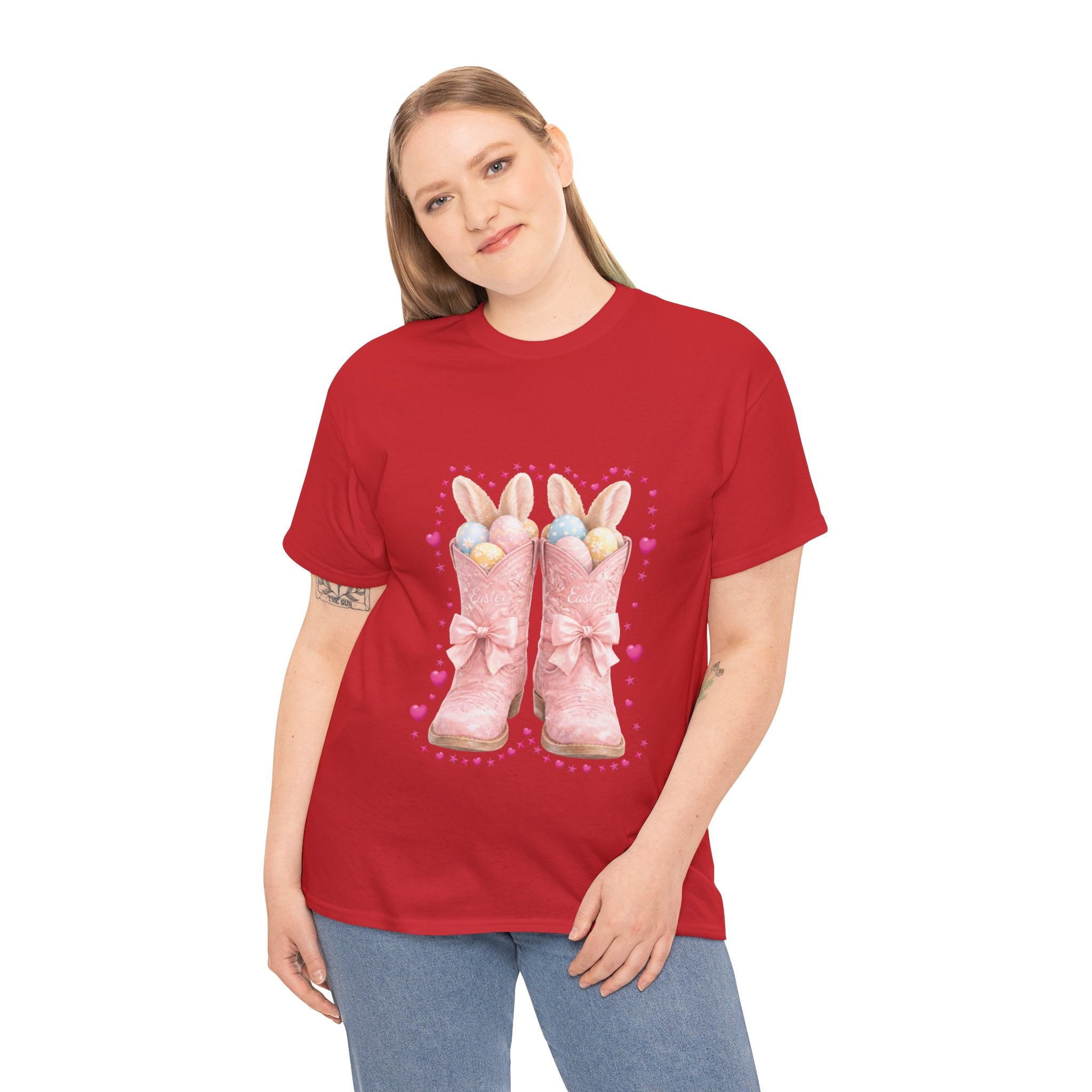 Easter Pink Western Boots Tee — Pastel Bunny Eggs & Bows Unisex Cotton Tee