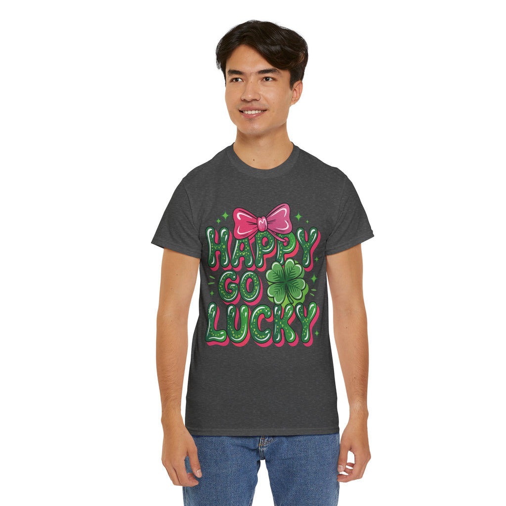 Happy Go Lucky Four-Leaf Clover Tee — Glossy Green Letters & Pink Bow Unisex Cotton Tee