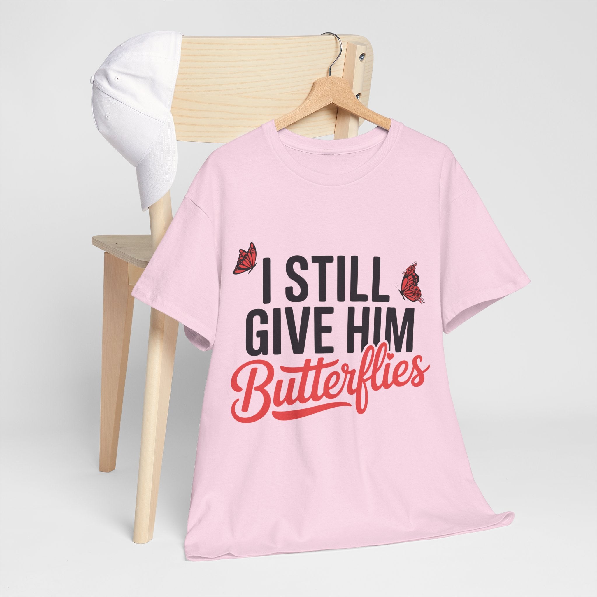 I Still Give Him Butterflies T-Shirt — Romantic Floral Butterfly Unisex Cotton Tee