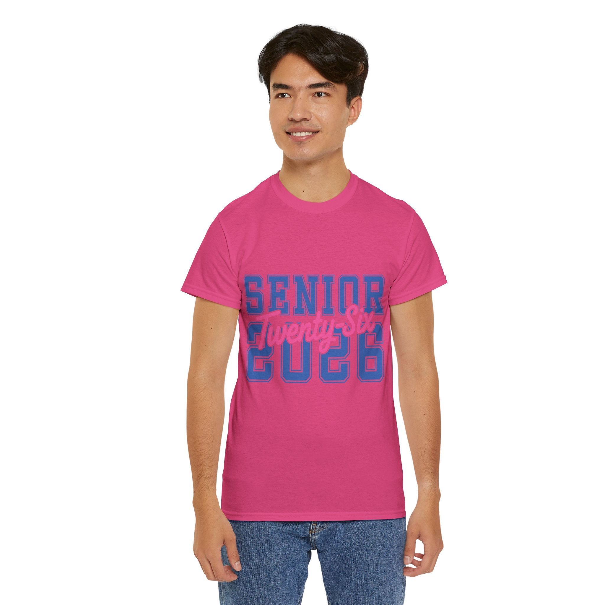 Senior 2026 Tee — Pink Varsity Block with Blue Script Overlay Unisex Cotton Tee
