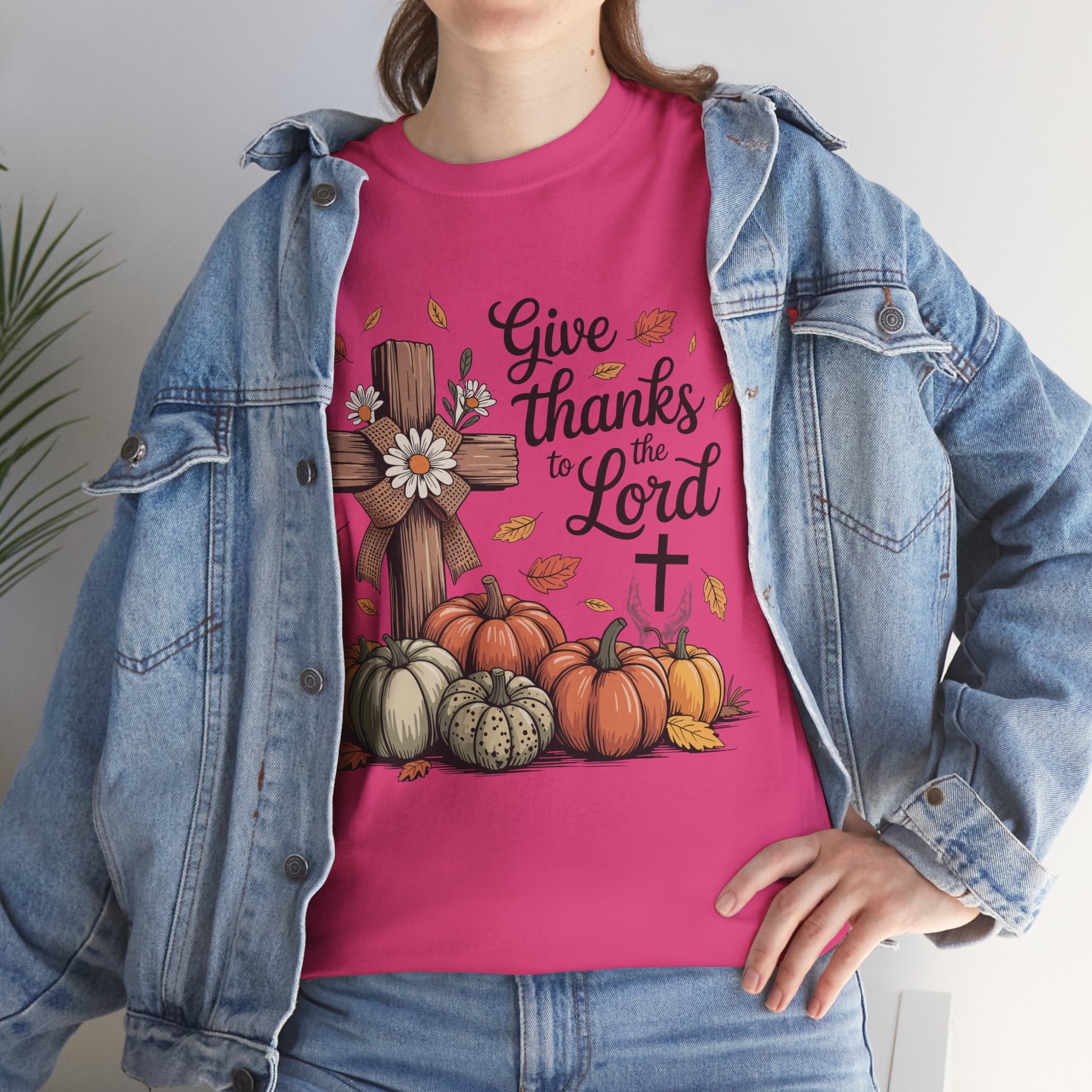 Give Thanks to the Lord Autumn Tee — Wooden Cross, Pumpkins & Daisies..Unisex Cotton Tee