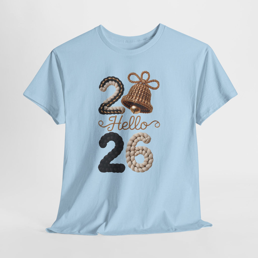 Hello 2026 Tee — Cozy Faux Yarn Braided Numbers with Woven Golden Bell..Unisex Cotton Tee