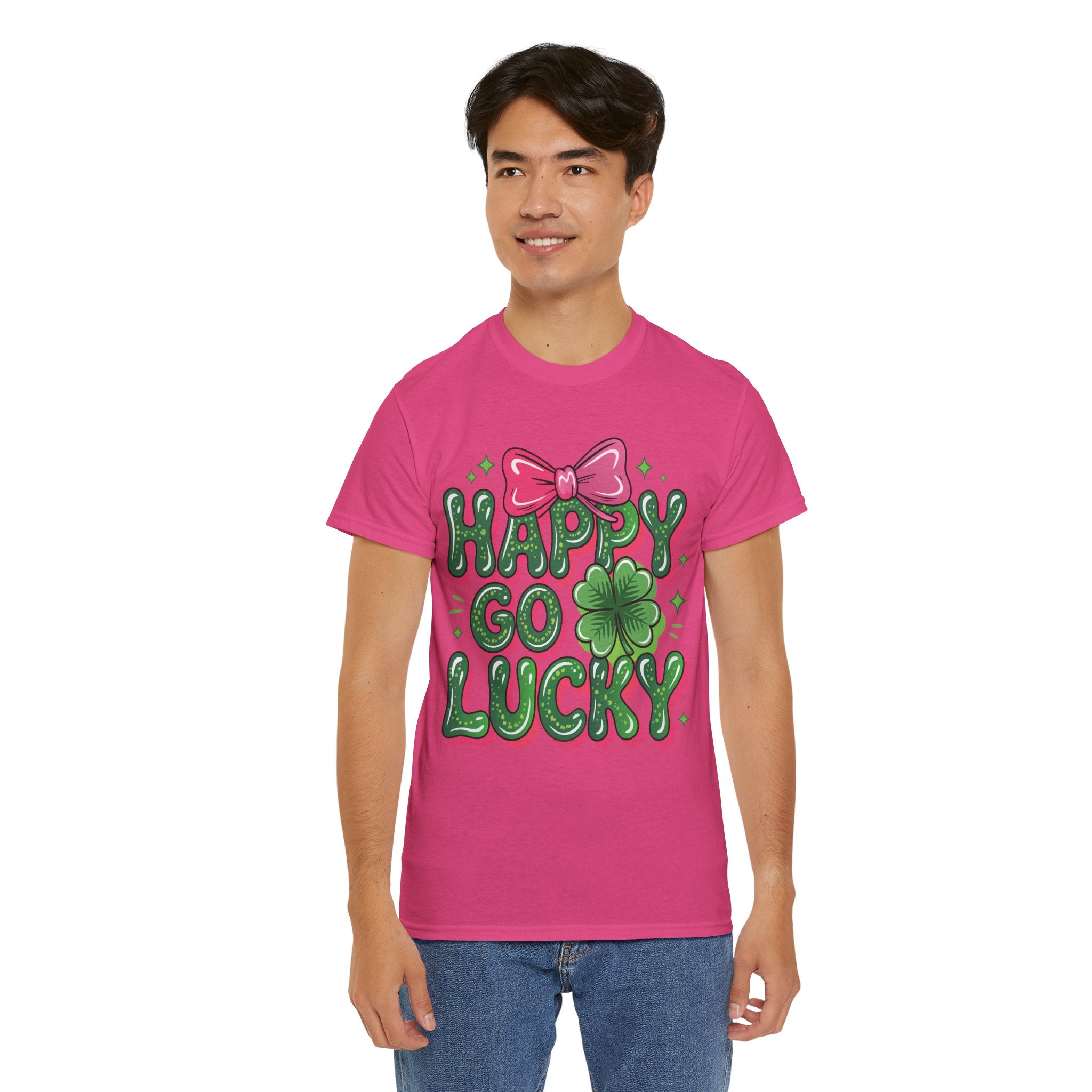 Happy Go Lucky Four-Leaf Clover Tee — Glossy Green Letters & Pink Bow Unisex Cotton Tee