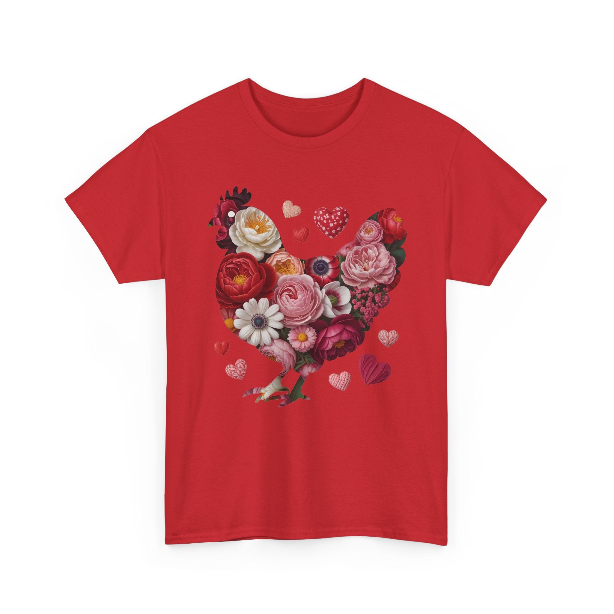 Floral Chicken Heart Tee — Red & Pink Flower Silhouette Unisex Cotton Tee