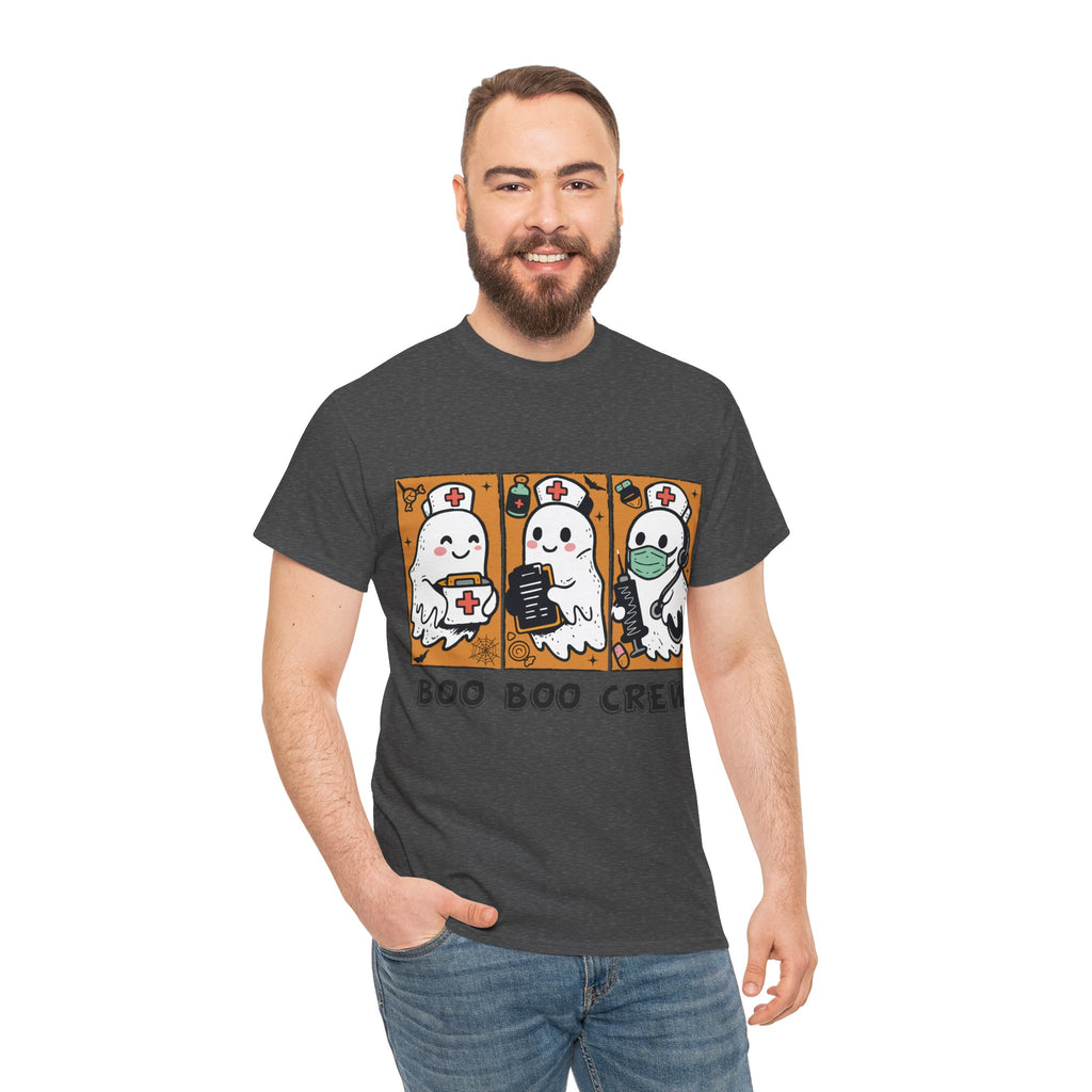 Halloween Nurse T-Shirt — Ghost Nurses Holding Medical Tools on Orange Unisec Cotton Tee