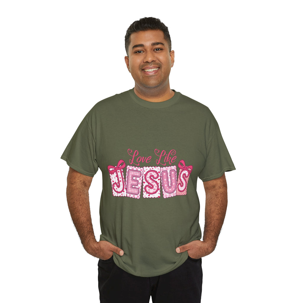 Love Like Jesus Patchwork Tee — Pink Stitched Heart Graphic.Unisex Cotton Tee