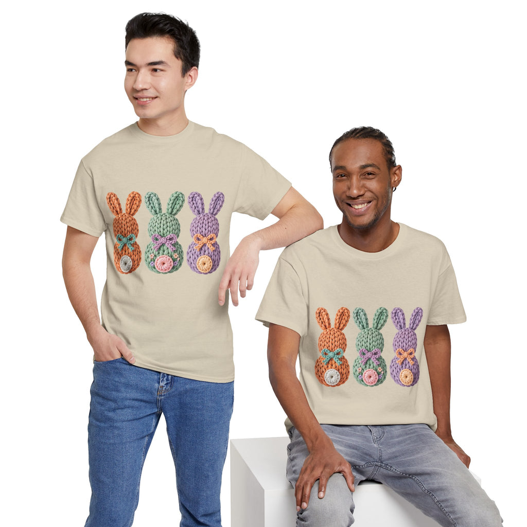 Pastel Crochet Bunny Tee — Trio of Faux Knit Bunnies with Bows & Flowers Unisex Cotton Tee