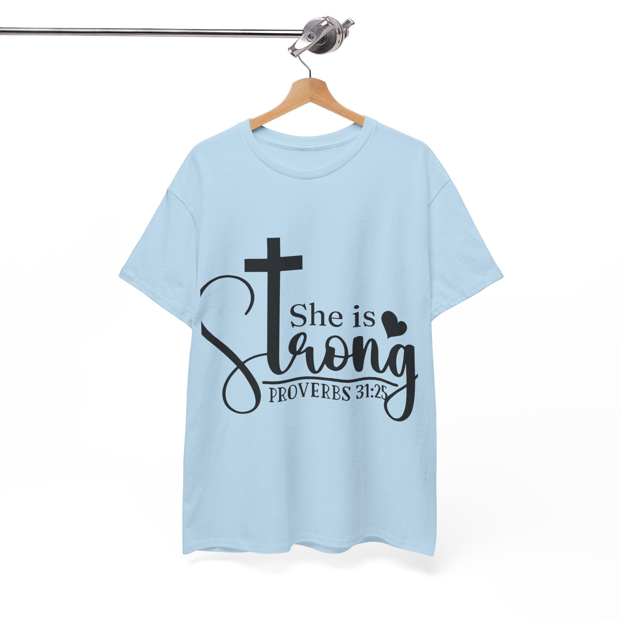 Proverbs 31:25 'She is Strong' T-Shirt – Christian Cross & Heart Unisex Cotton Tee