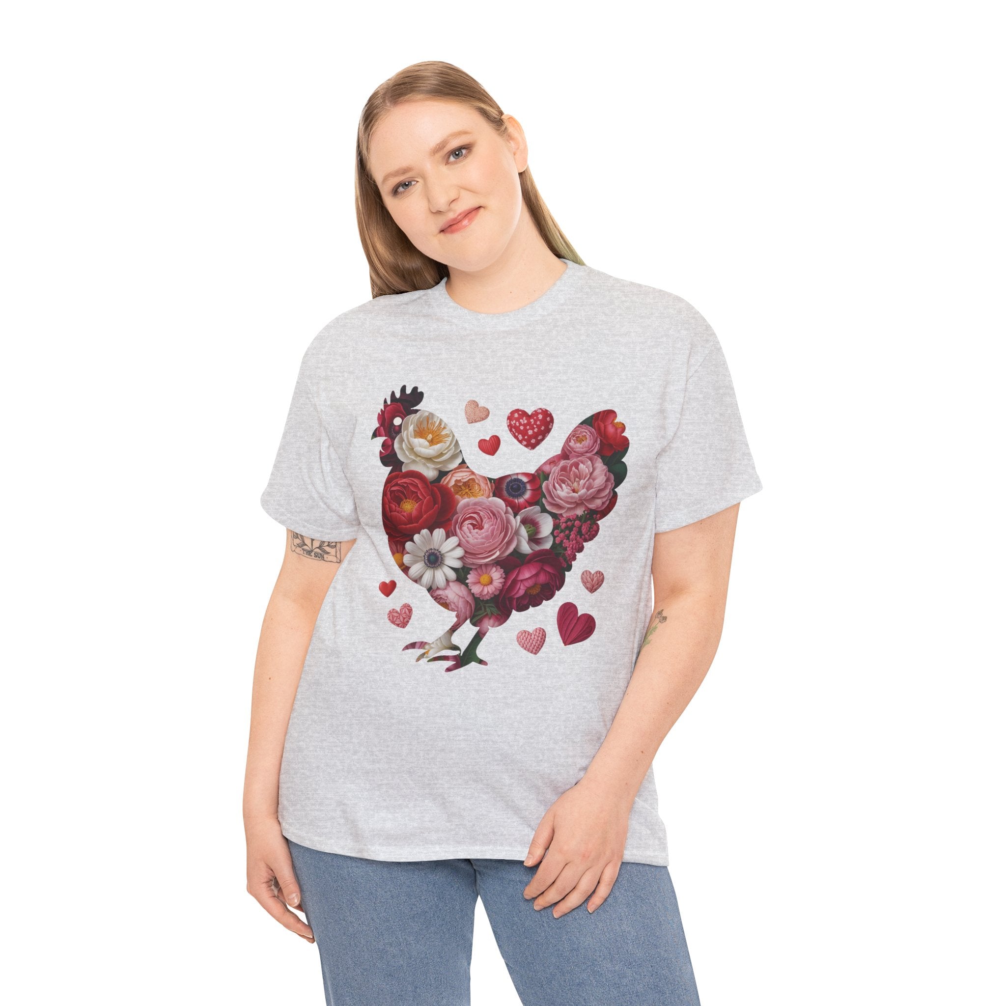 Floral Chicken Heart Tee — Red & Pink Flower Silhouette Unisex Cotton Tee