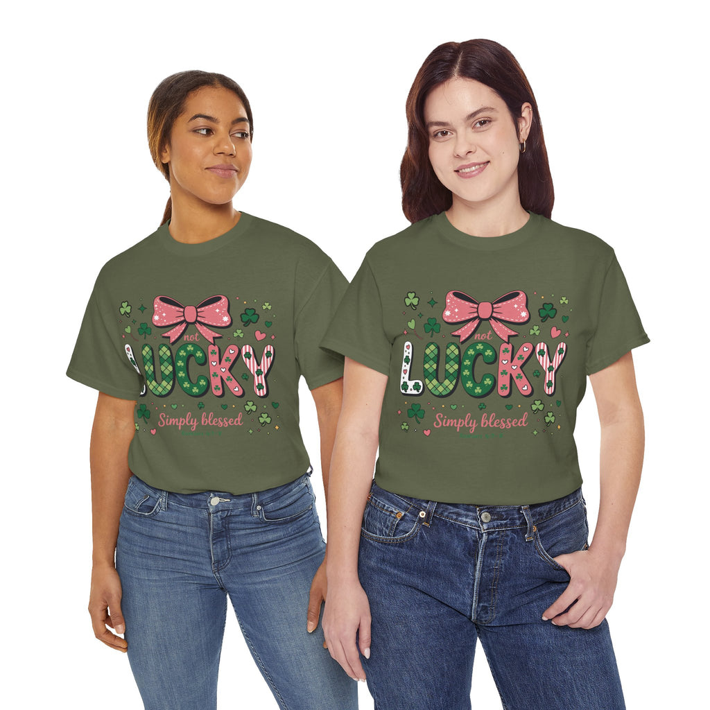 Simply Blessed Tee — “Not Lucky, Simply Blessed” with Pastel Bow, Clovers & Romans 4:7-8 Unisex Cotton Tee