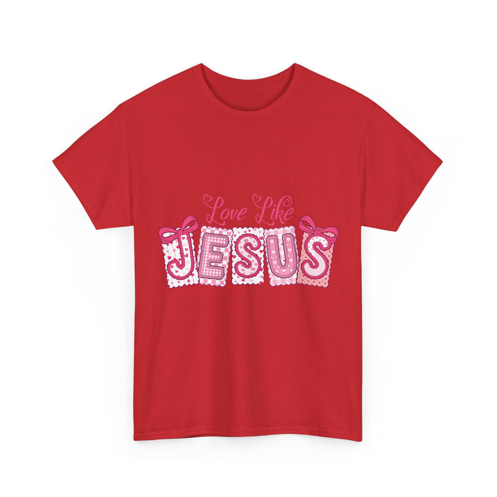 Love Like Jesus Patchwork Tee — Pink Stitched Heart Graphic.Unisex Cotton Tee