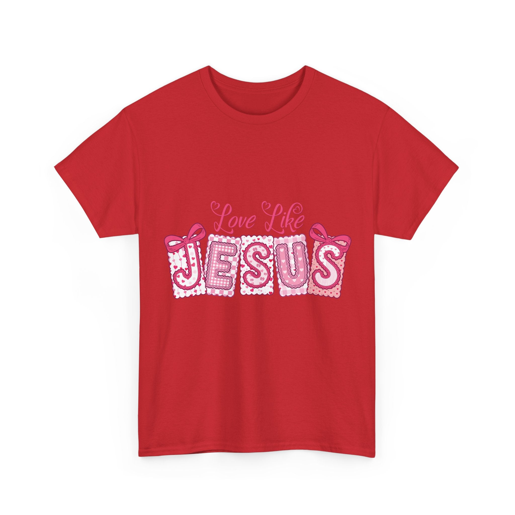 Love Like Jesus Patchwork Tee — Pink Stitched Heart Graphic.Unisex Cotton Tee