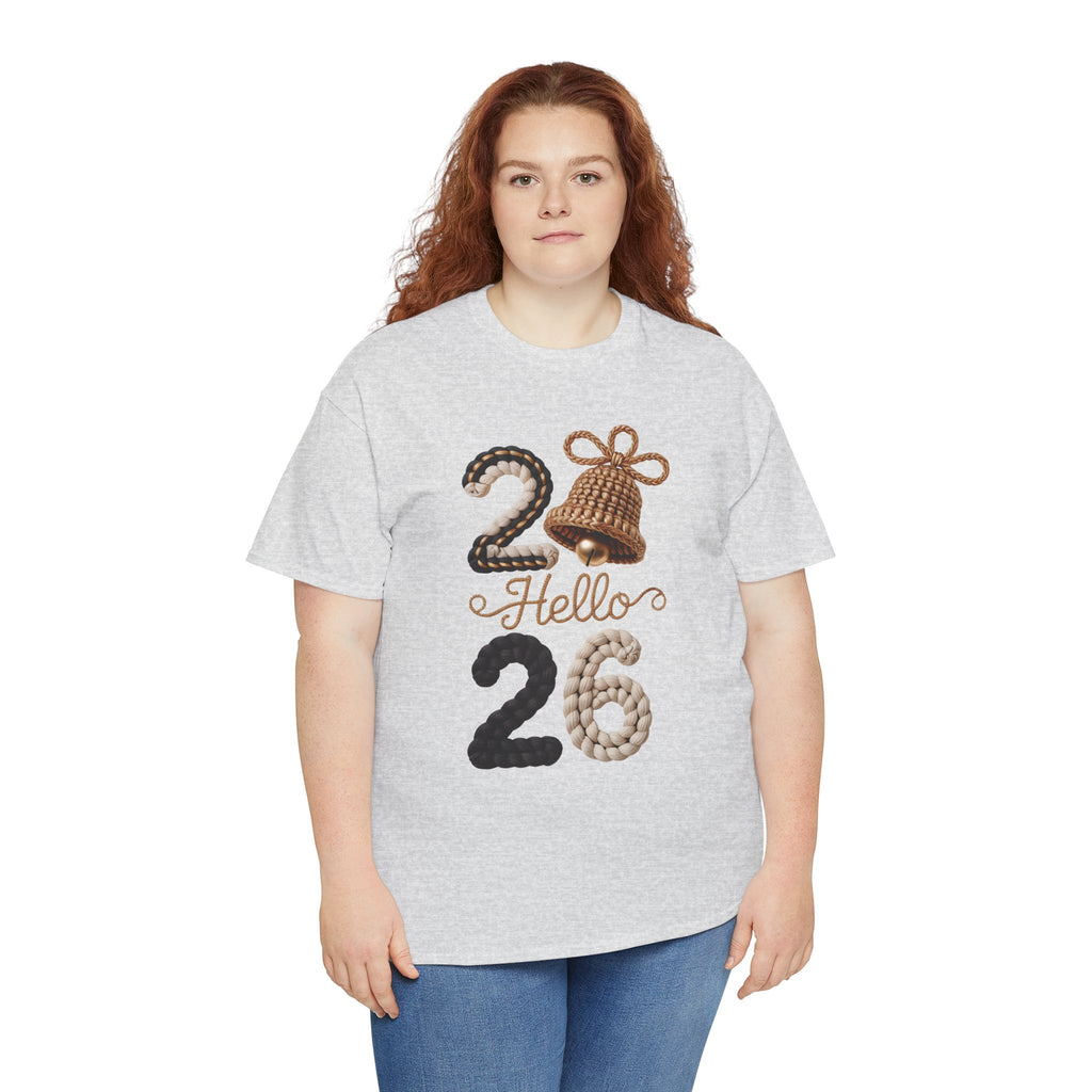 Hello 2026 Tee — Cozy Faux Yarn Braided Numbers with Woven Golden Bell..Unisex Cotton Tee