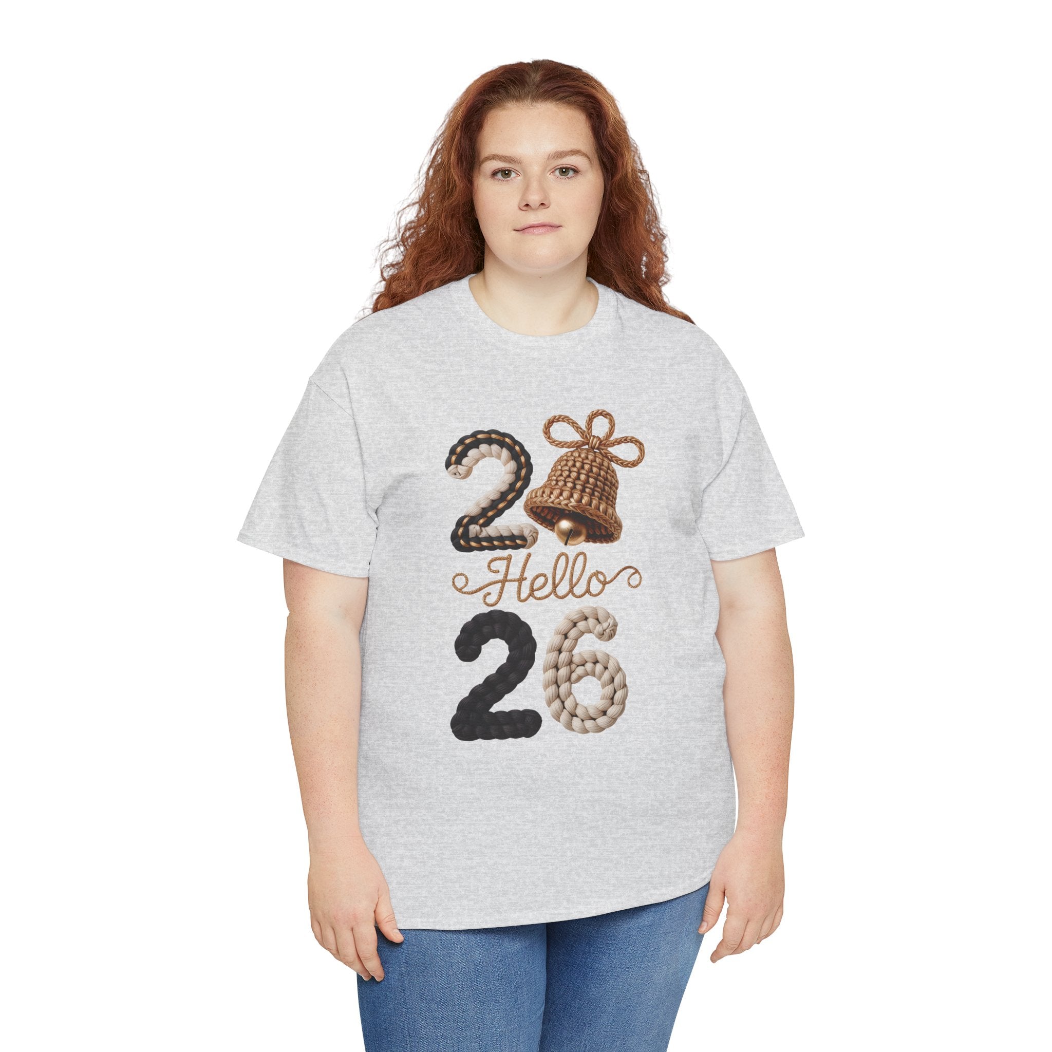 Hello 2026 Tee — Cozy Faux Yarn Braided Numbers with Woven Golden Bell..Unisex Cotton Tee