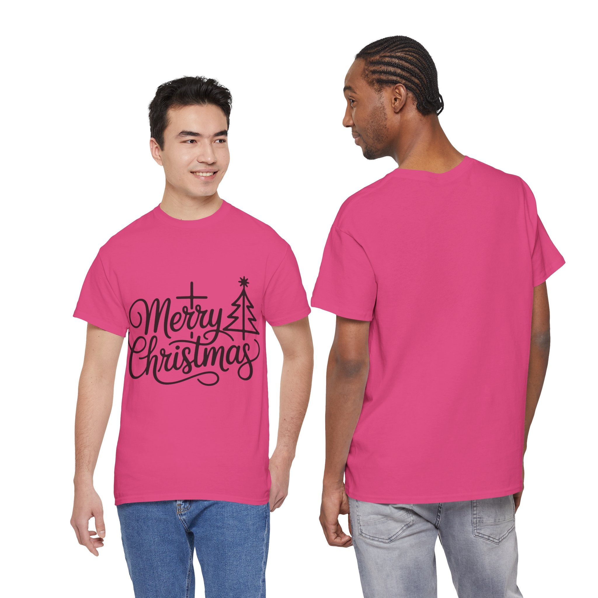 Merry Christmas Script T-Shirt with Cross & Tree(Unisex Cotton Tee)