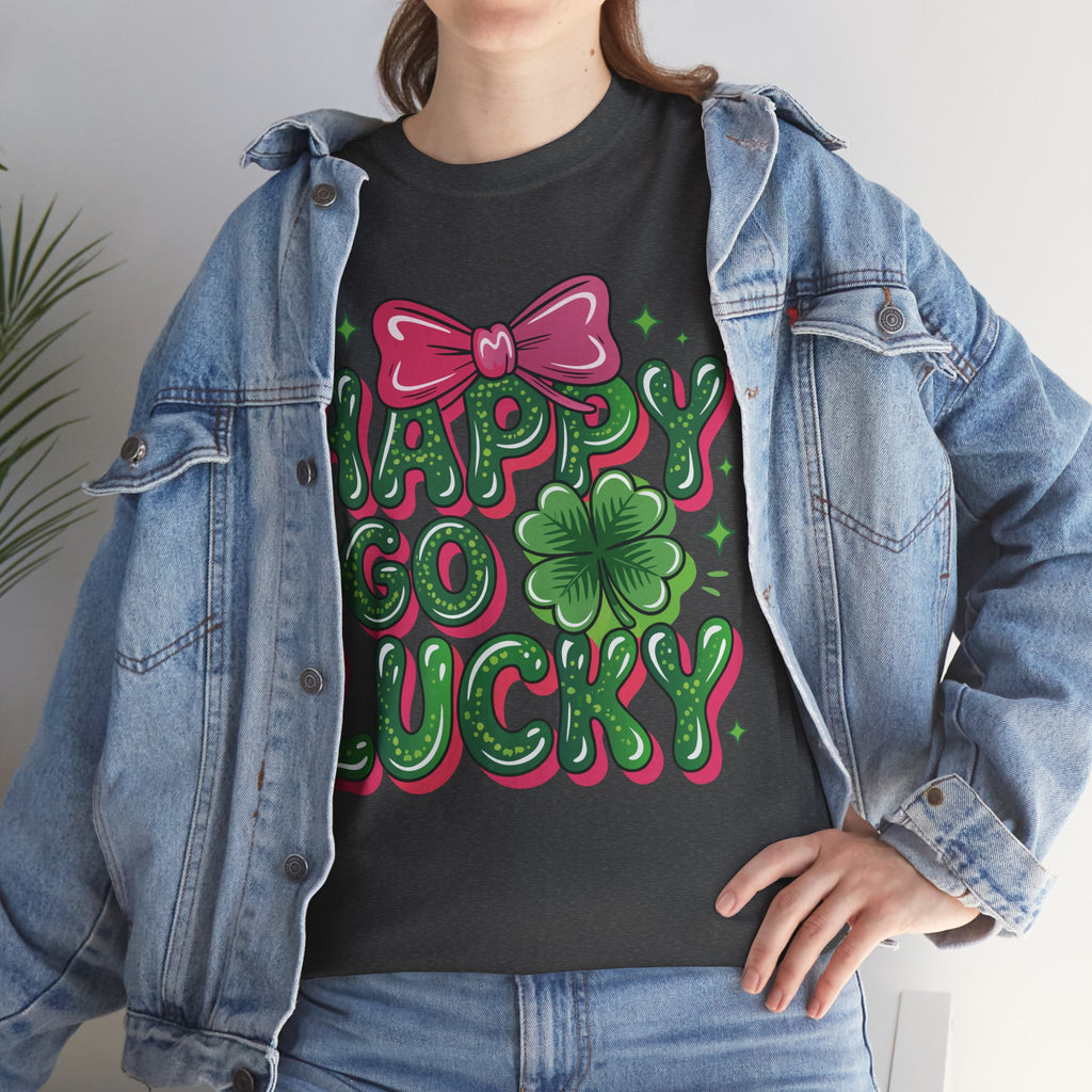 Happy Go Lucky Four-Leaf Clover Tee — Glossy Green Letters & Pink Bow Unisex Cotton Tee