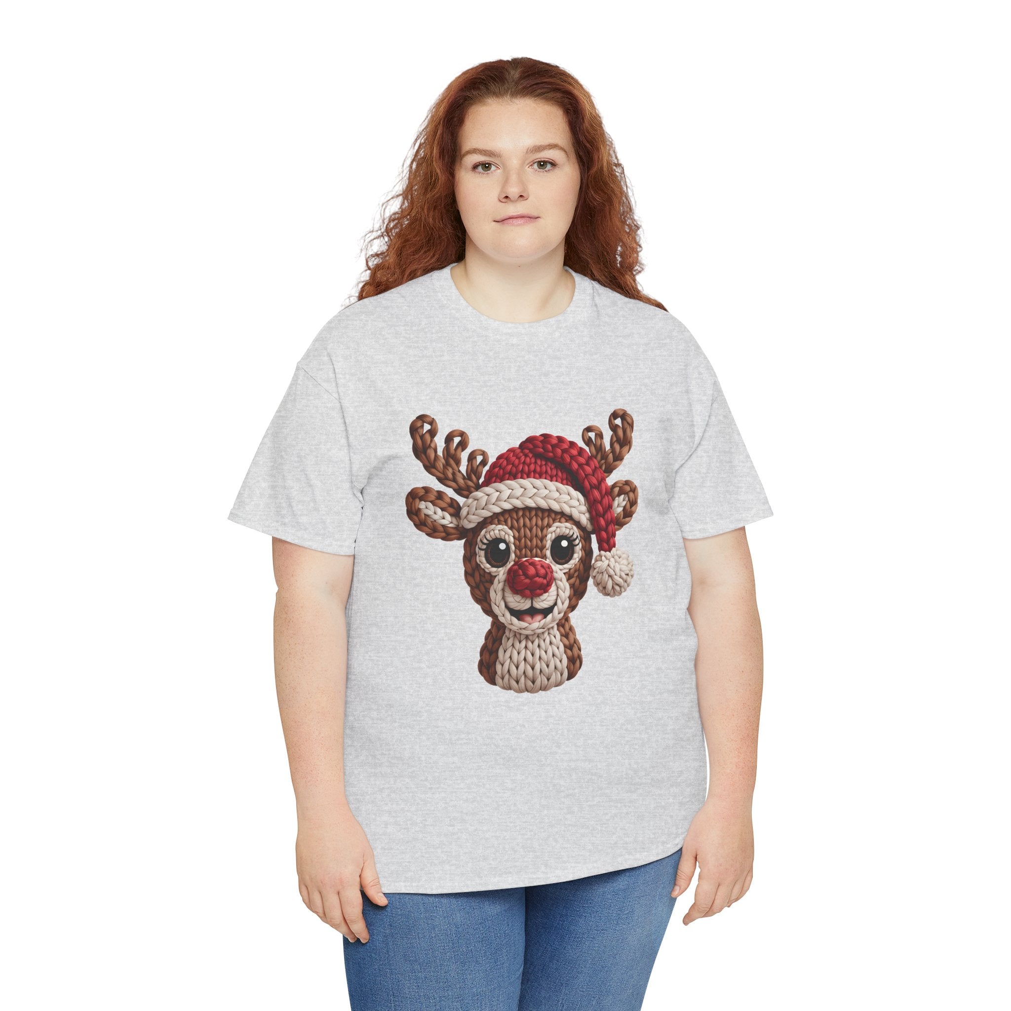 Reindeer in Santa Hat Cotton Tee — Joyful Faux-Yarn Holiday Unisex Coton T-Shirt