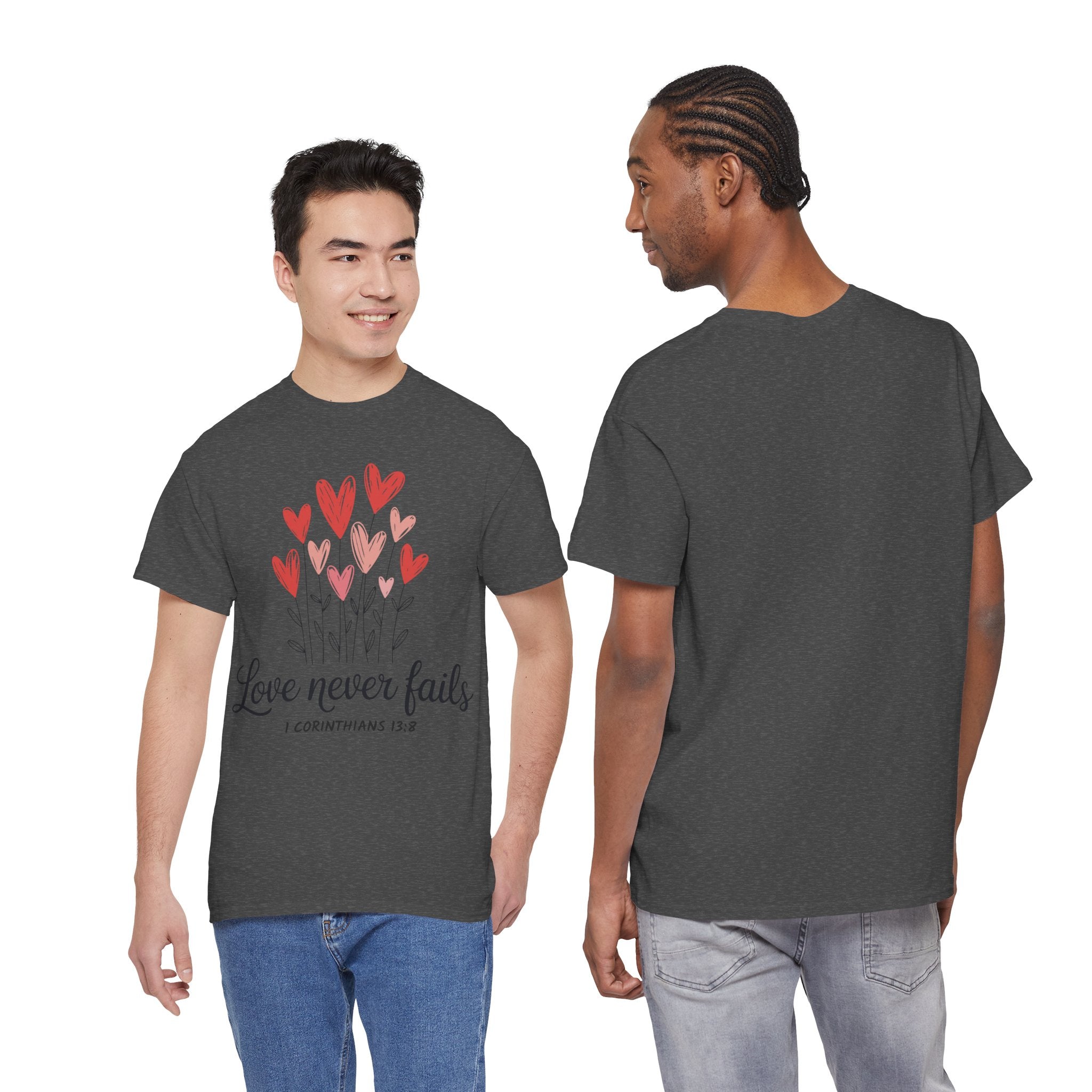 Christian Valentine T-Shirt — "Love Never Fails" (1 Corinthians 13:8) Unisex Cotton Tee
