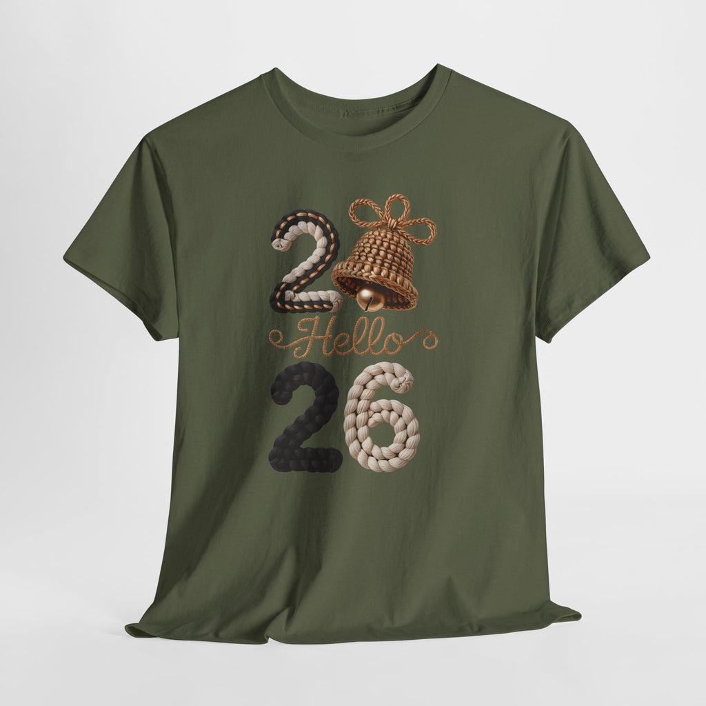 Hello 2026 Tee — Cozy Faux Yarn Braided Numbers with Woven Golden Bell..Unisex Cotton Tee