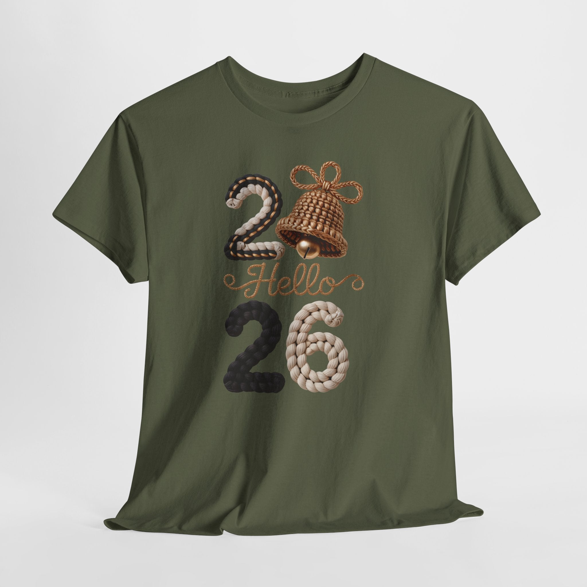 Hello 2026 Tee — Cozy Faux Yarn Braided Numbers with Woven Golden Bell..Unisex Cotton Tee