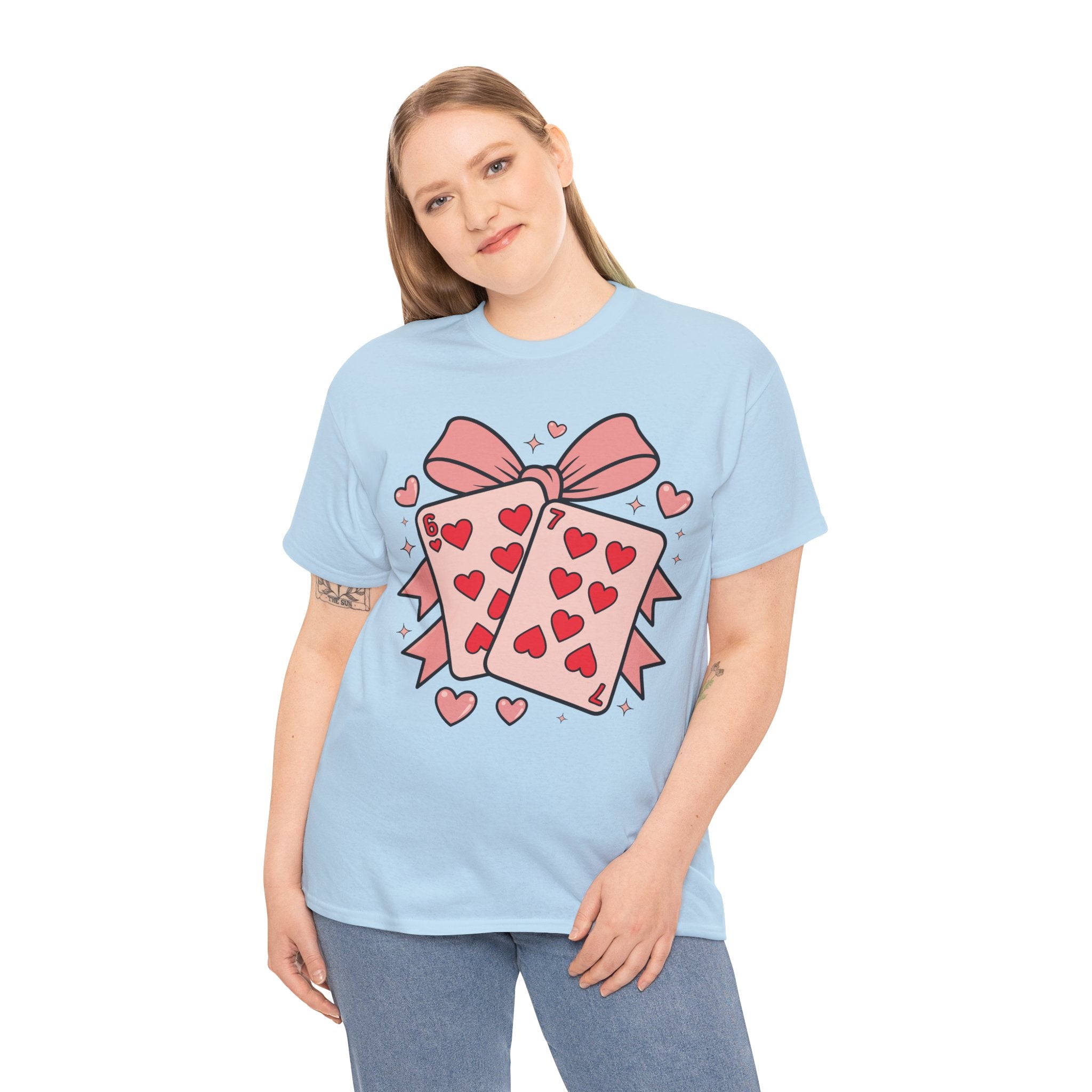 6 & 7 of Hearts T-Shirt — Paired Playing Cards with Pink Bow Unisex Cotton Tee