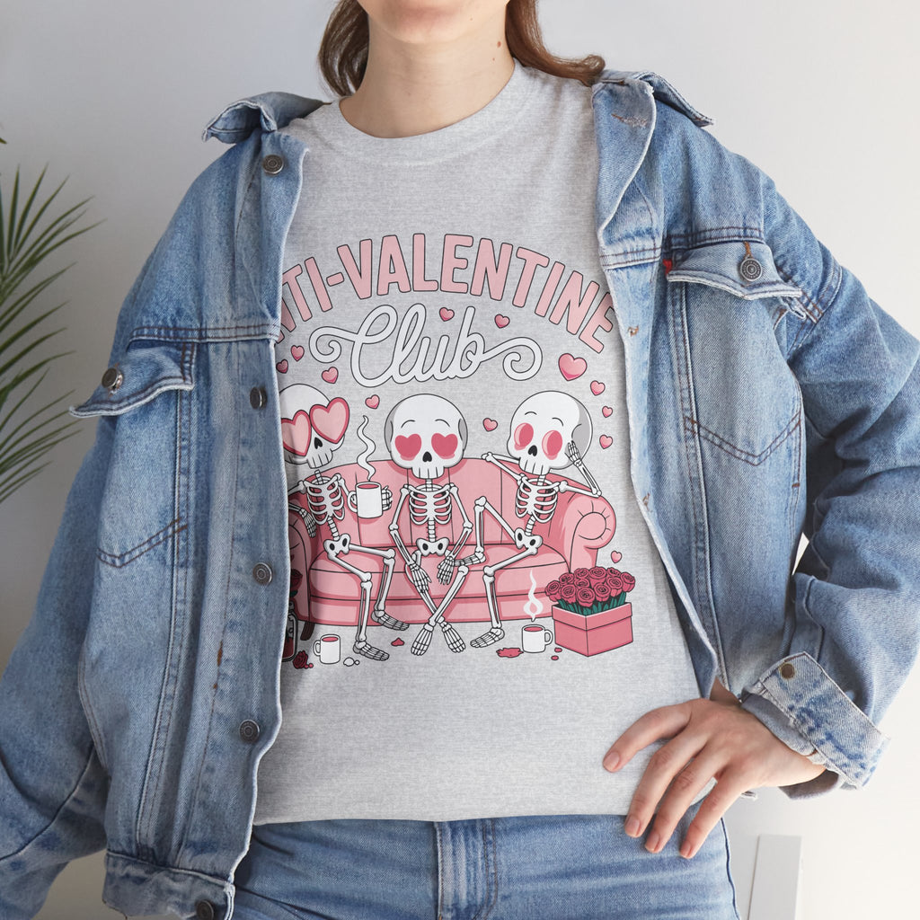 Anti-Valentine Club Skeleton Tee — Anti-Romance Pink Couch Graphic Unisex Cotton T-Shirt