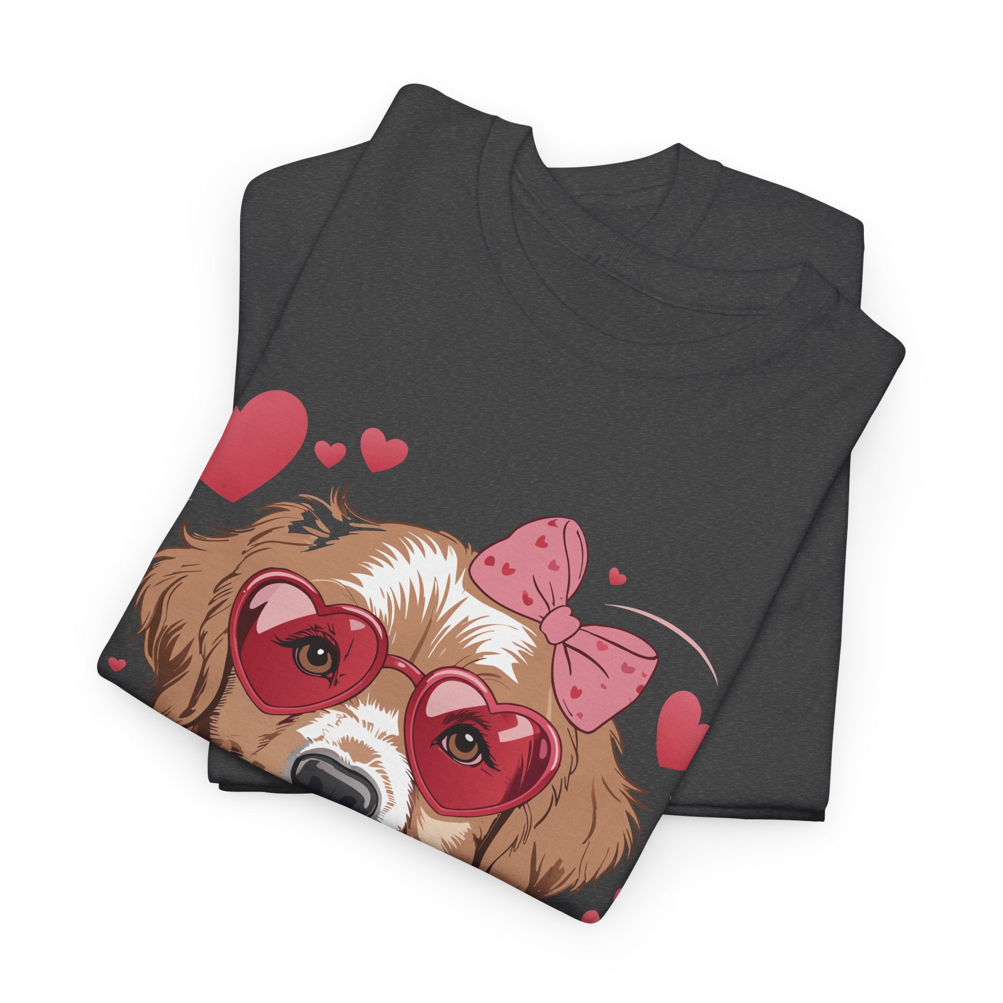 Valentine Dog T-Shirt — Cute Pup with Heart Glasses, Pink Bow & Lollipop..Unisex Cotton Tee
