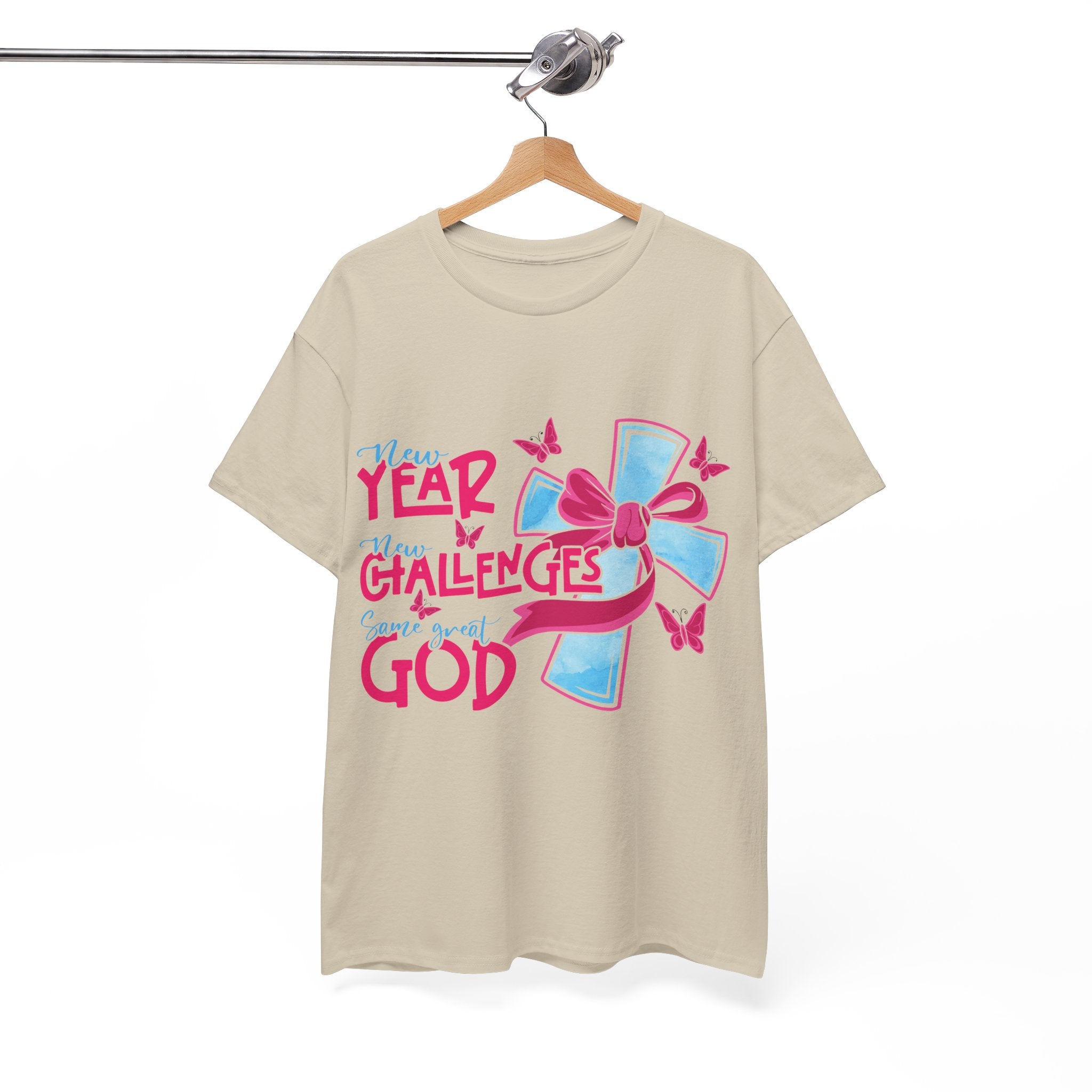 Christian T-Shirt — “New Year, New Challenges, Same Great God” with Pink Bow Cross & Butterflies. Unisex Cotton Tee
